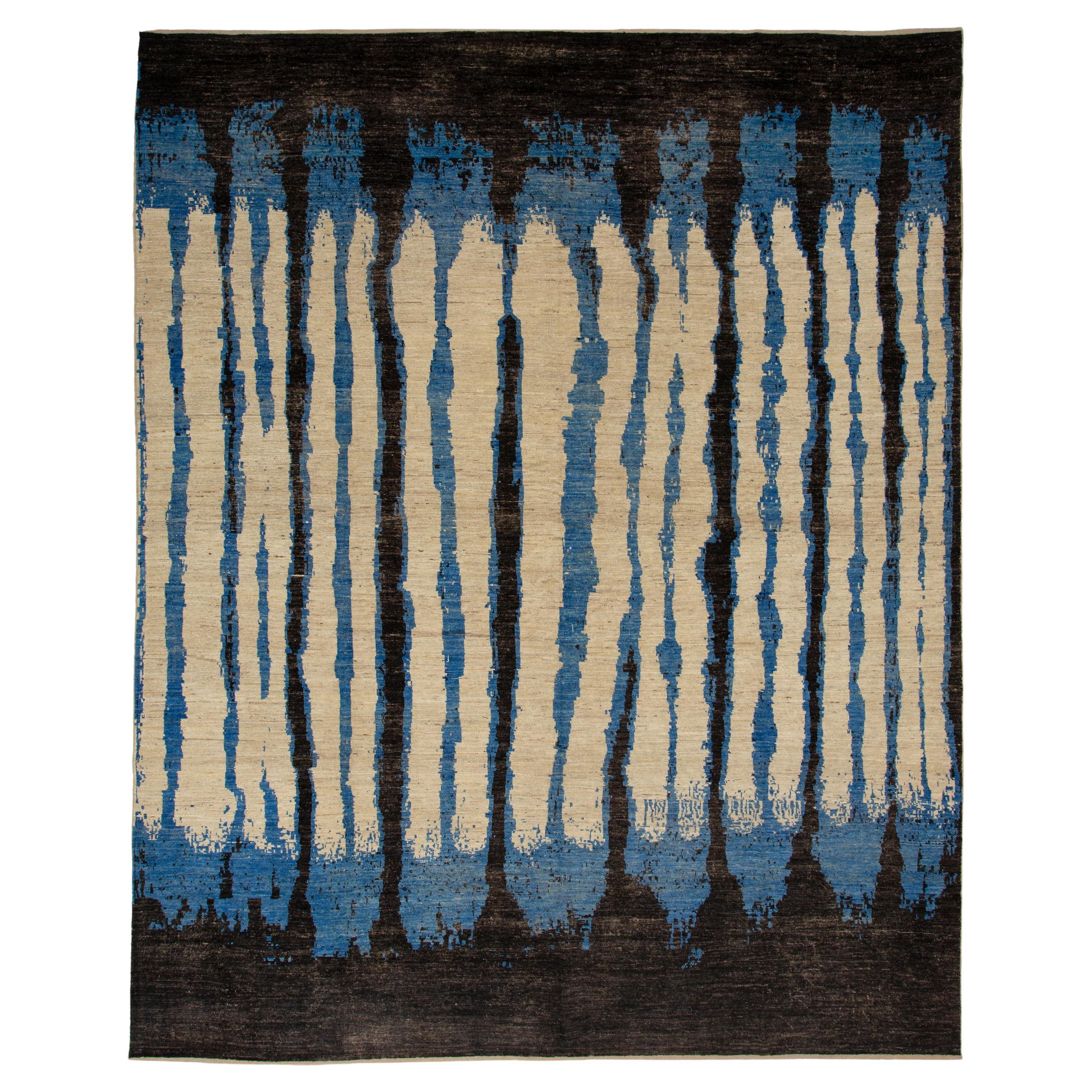abc carpet Zameen Blue and Black Modern Wool Rug - 12'3" x 15'3" For Sale