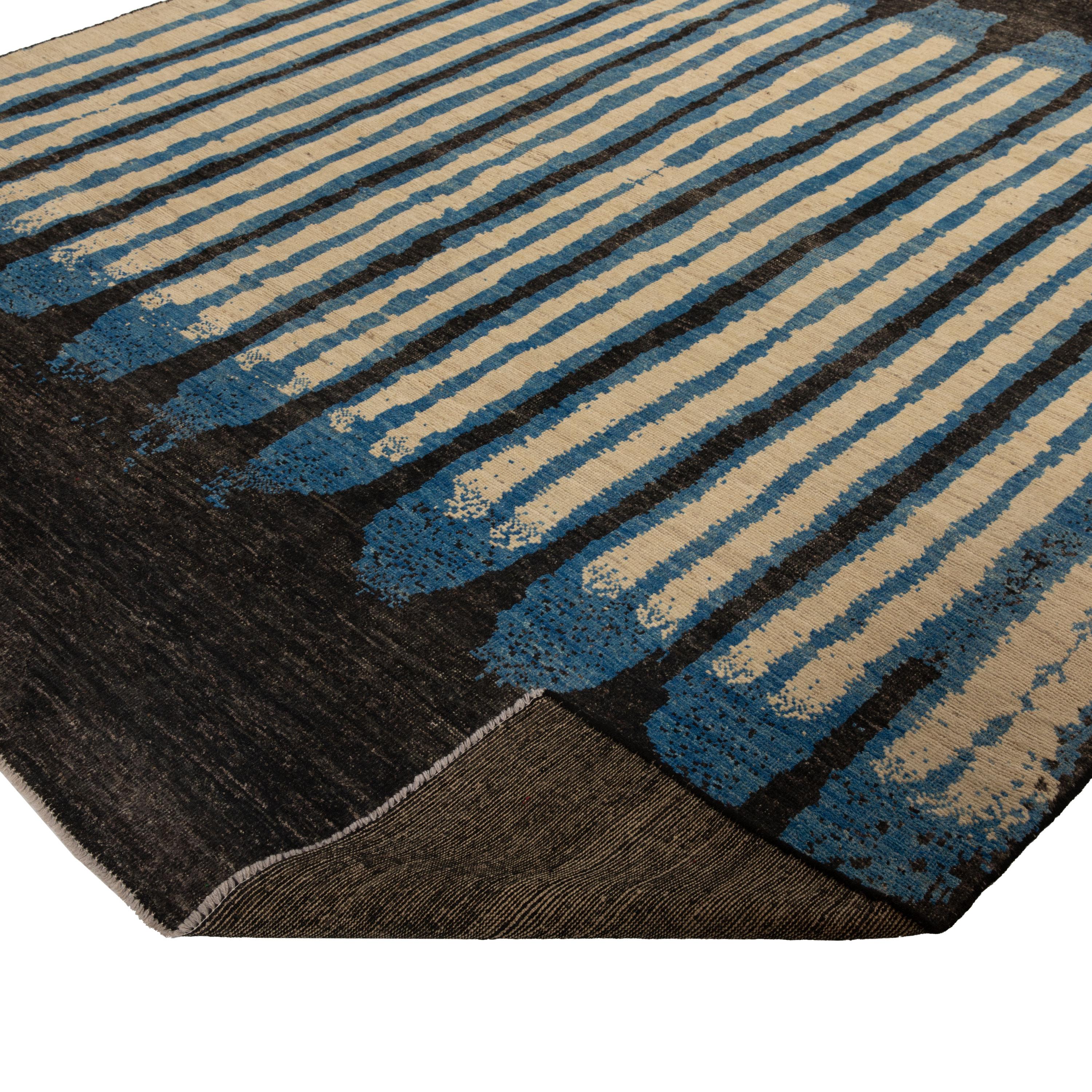 Afghan abc carpet Zameen Blue and Black Modern Wool Rug - 8'7
