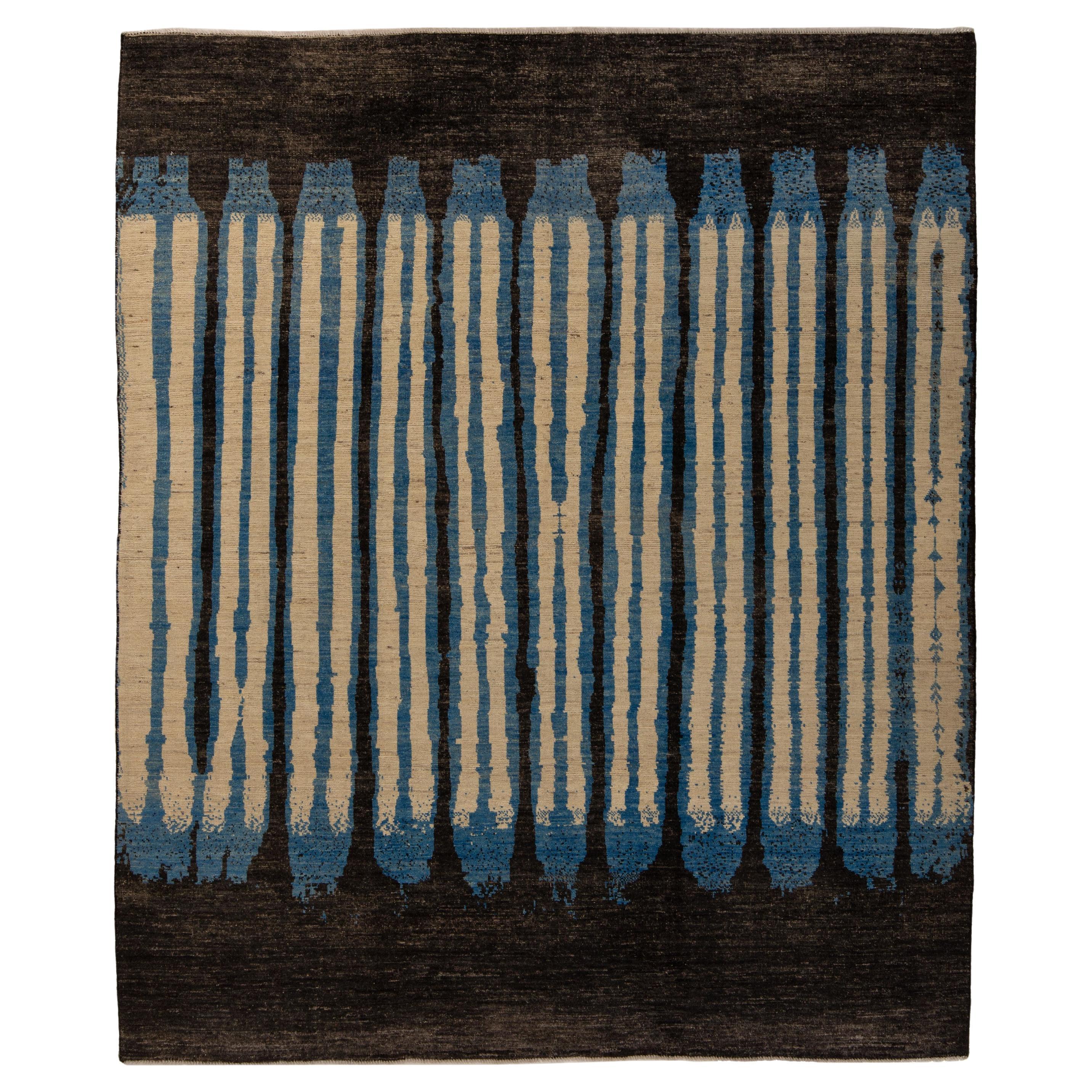 abc carpet Zameen Blue and Black Modern Wool Rug - 8'7" x 9'7" For Sale