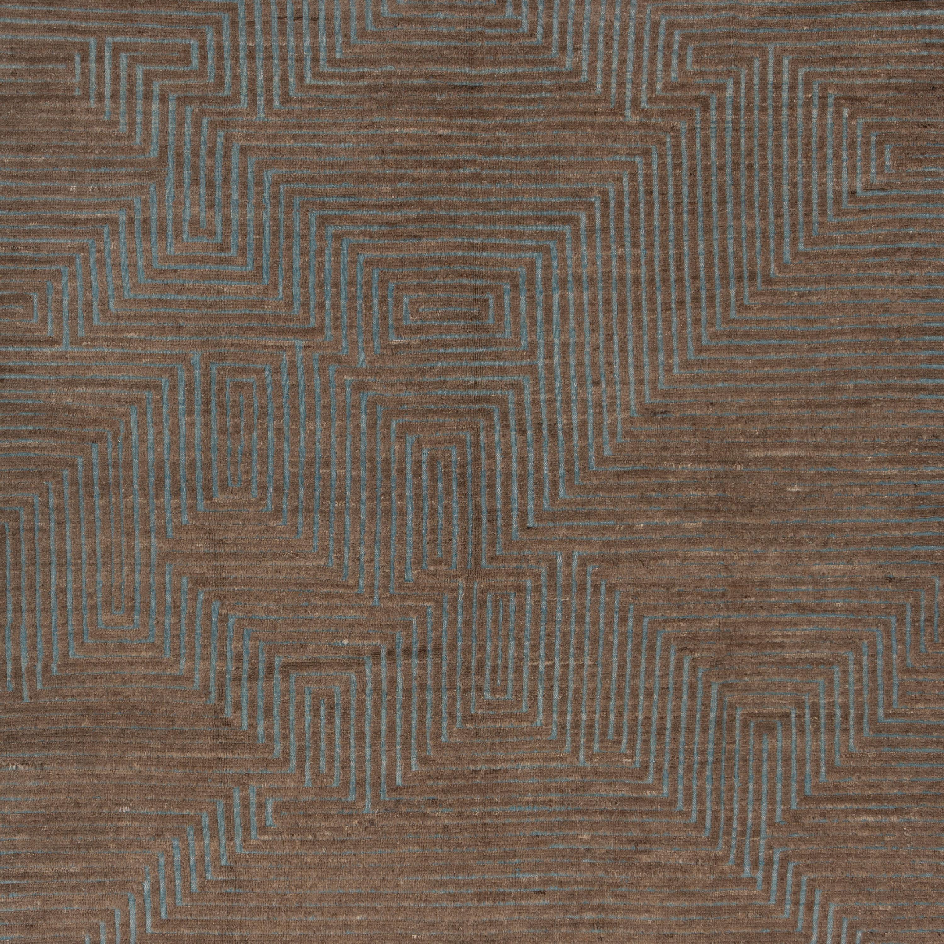 Der Zameen Blue and Brown Geometric Wool Rug - 6'5