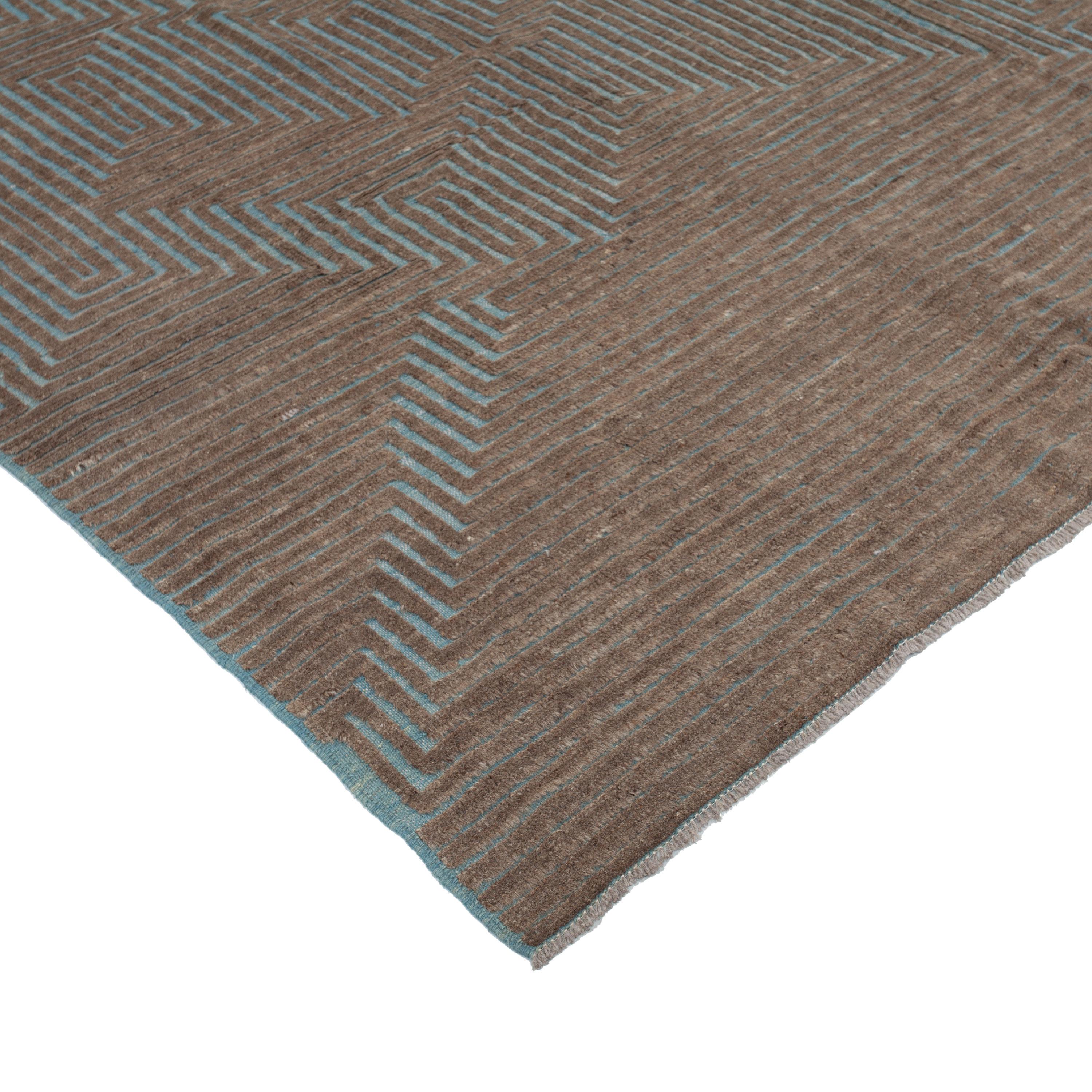 Mid-Century Modern abc carpet Zameen Blue and Brown Geometric Wool Rug - 6'5