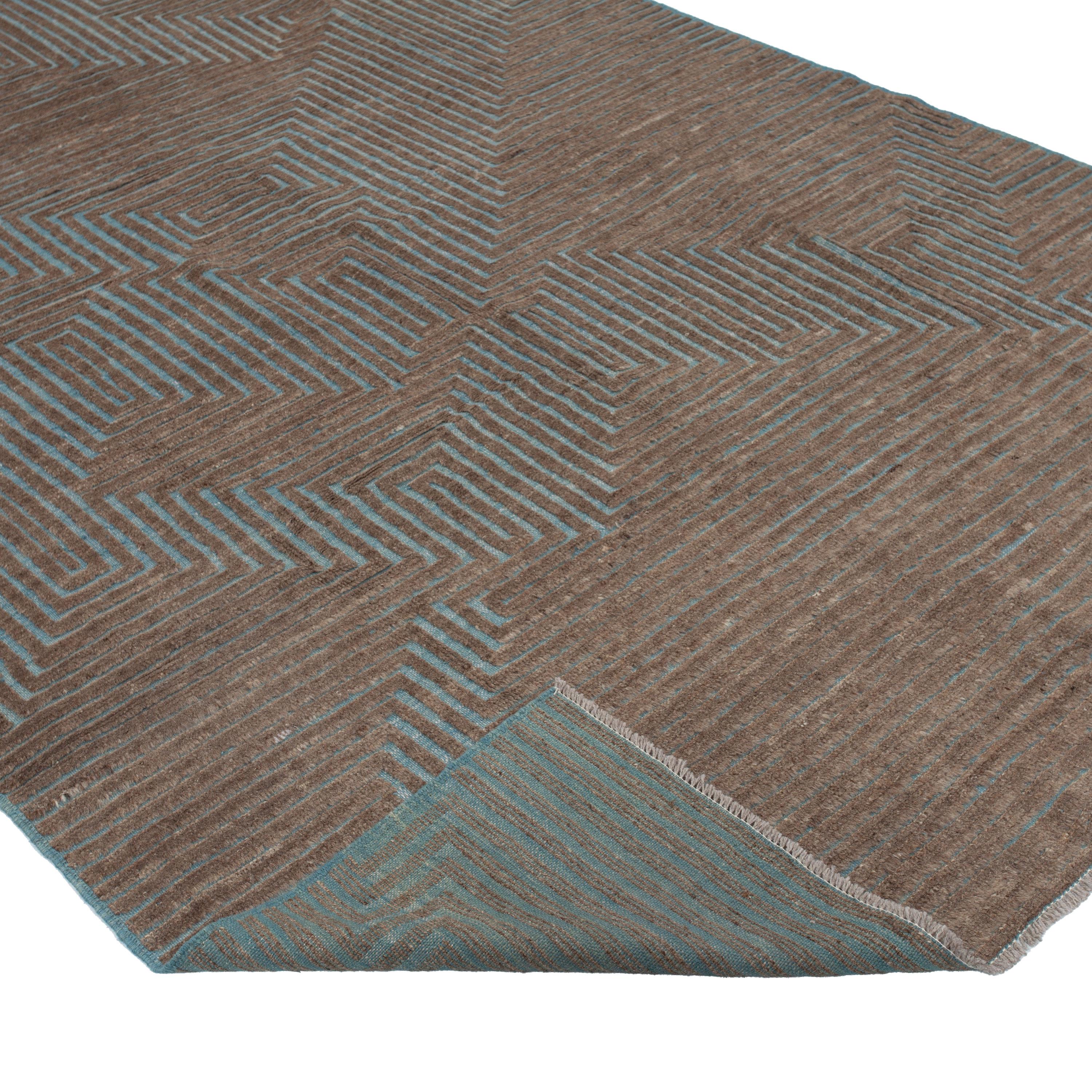 abc Teppich Zameen Blau und Brown Geometrischer Wollteppich - 6'5