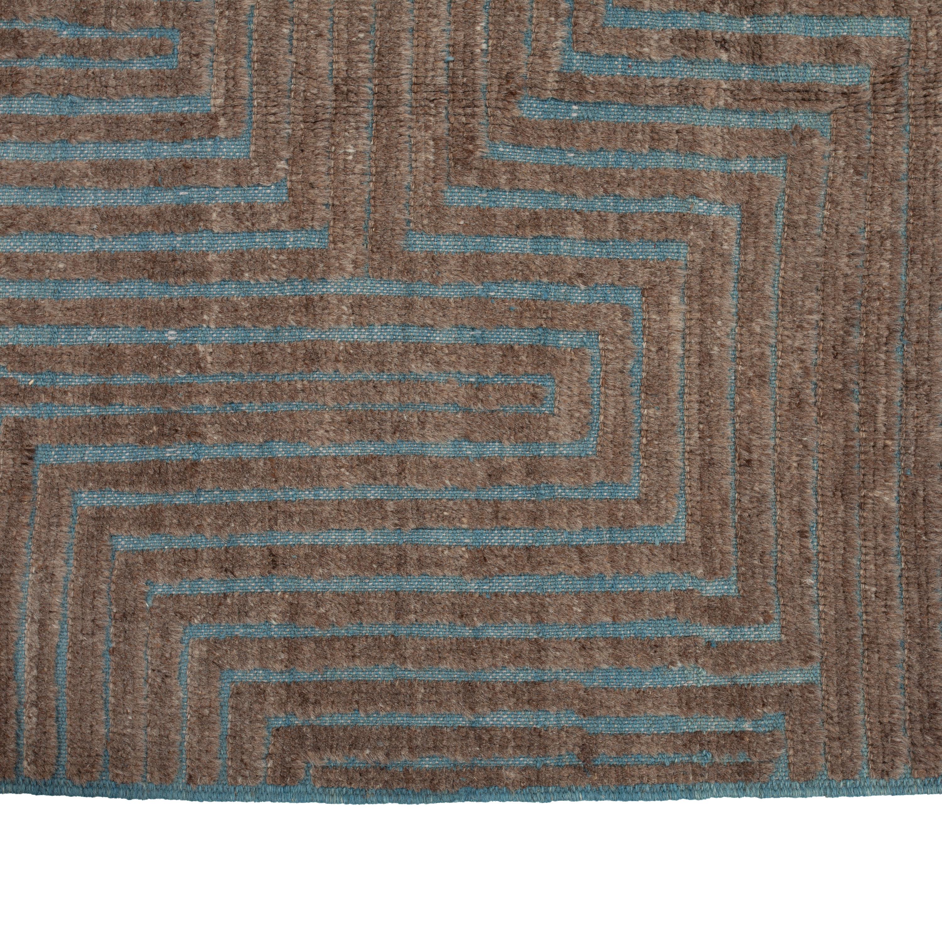 Hand-Knotted abc carpet Zameen Blue and Brown Geometric Wool Rug - 6'5
