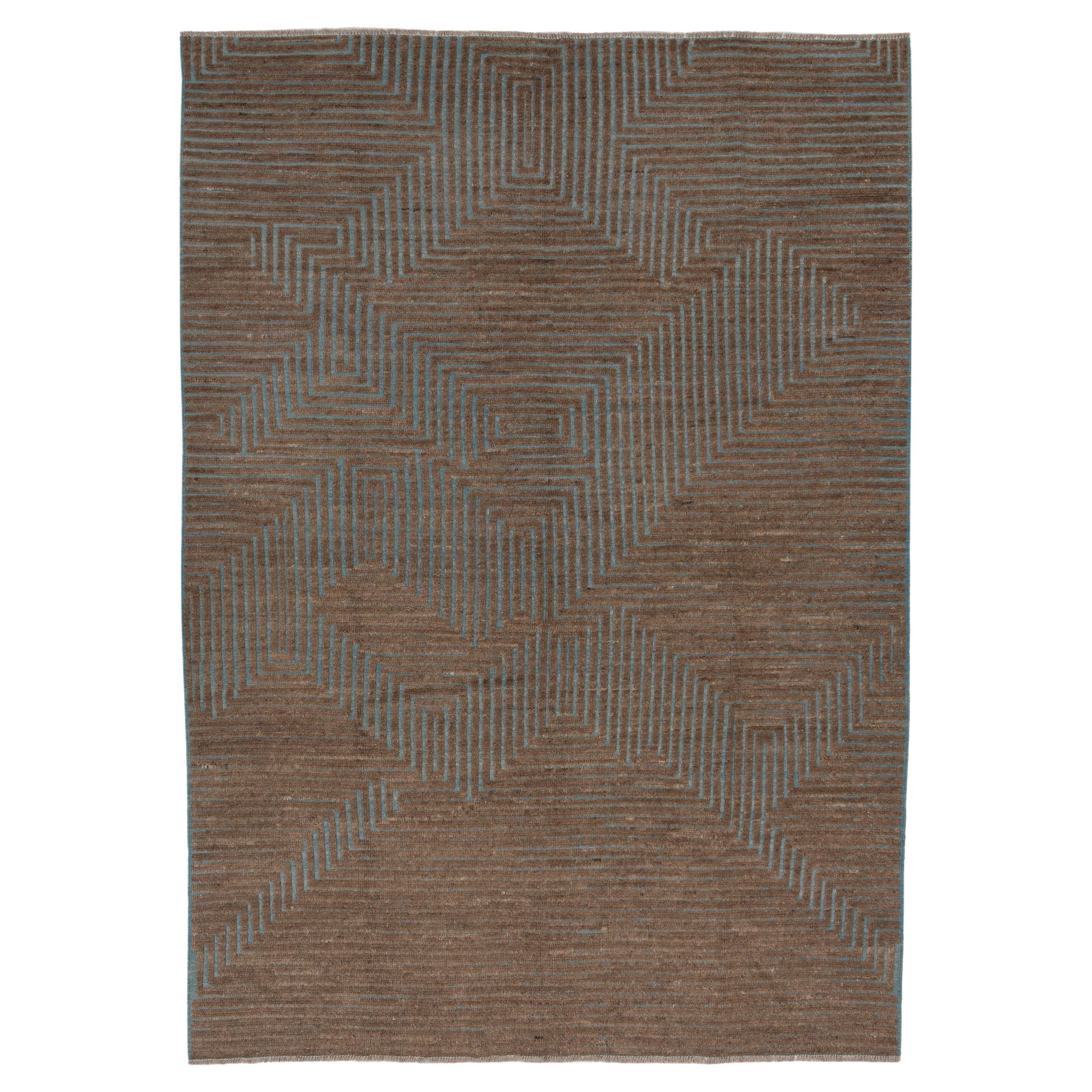 abc carpet Zameen Blue and Brown Geometric Wool Rug - 6'5" x 9'3" For Sale