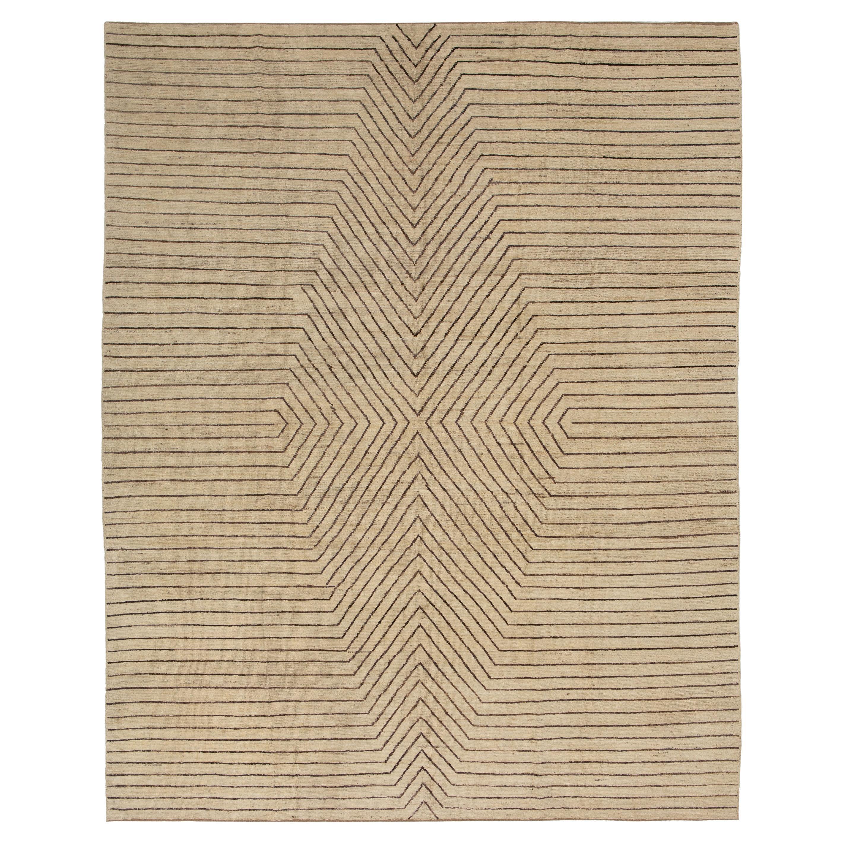abc carpet Zameen Brown and Beige Geometric Wool Rug - 9'3" x 11'5" For Sale