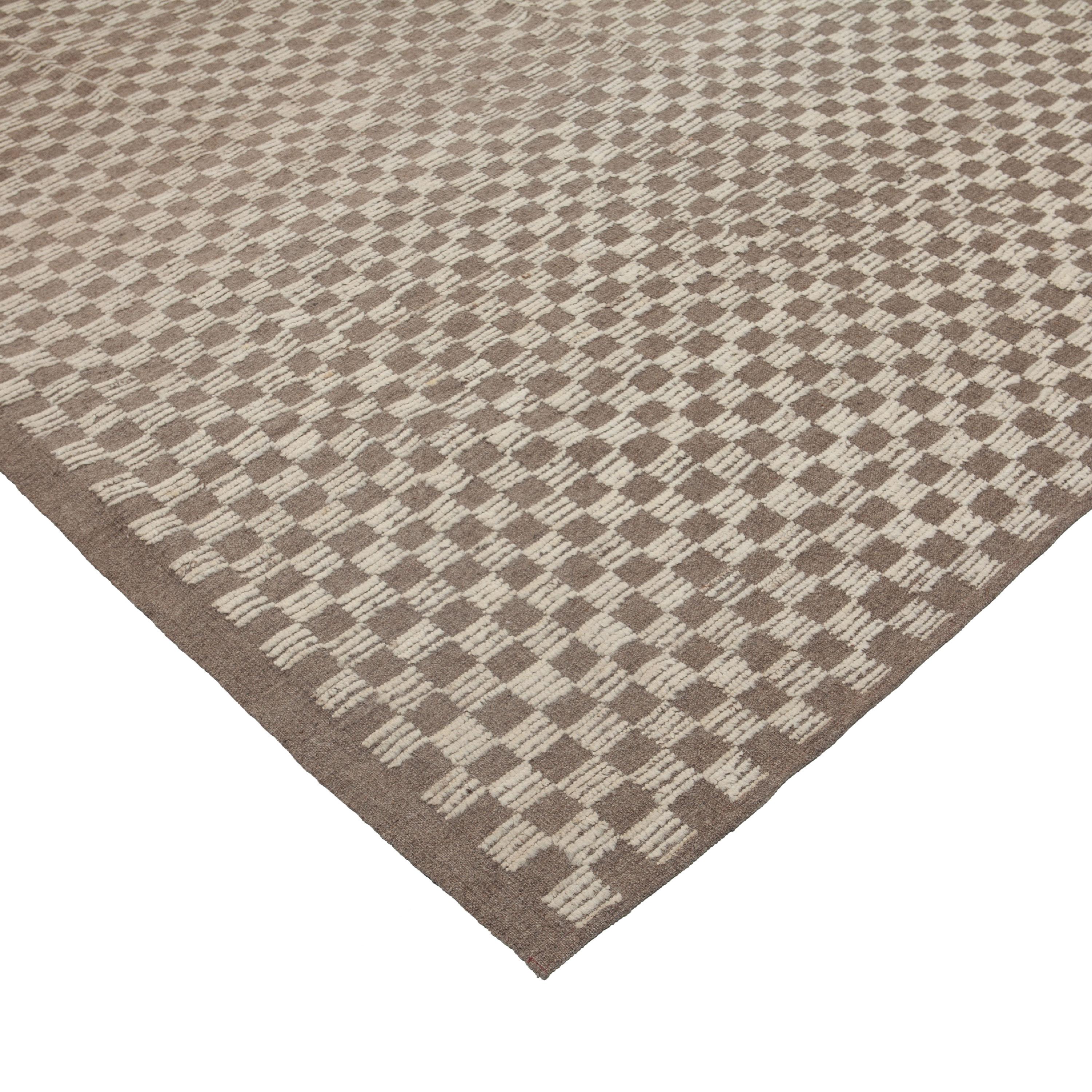 Mid-Century Modern abc carpet Zameen Brown and White Grid Modern Wool Rug - 13'8