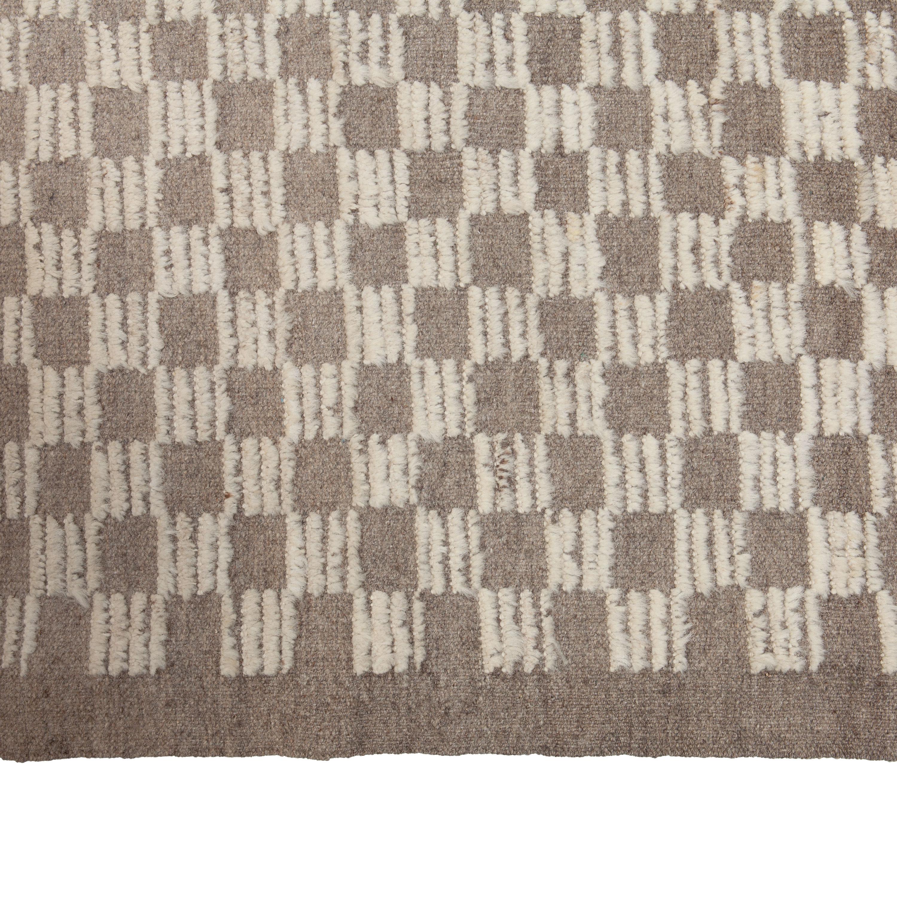 Hand-Knotted abc carpet Zameen Brown and White Grid Modern Wool Rug - 13'8