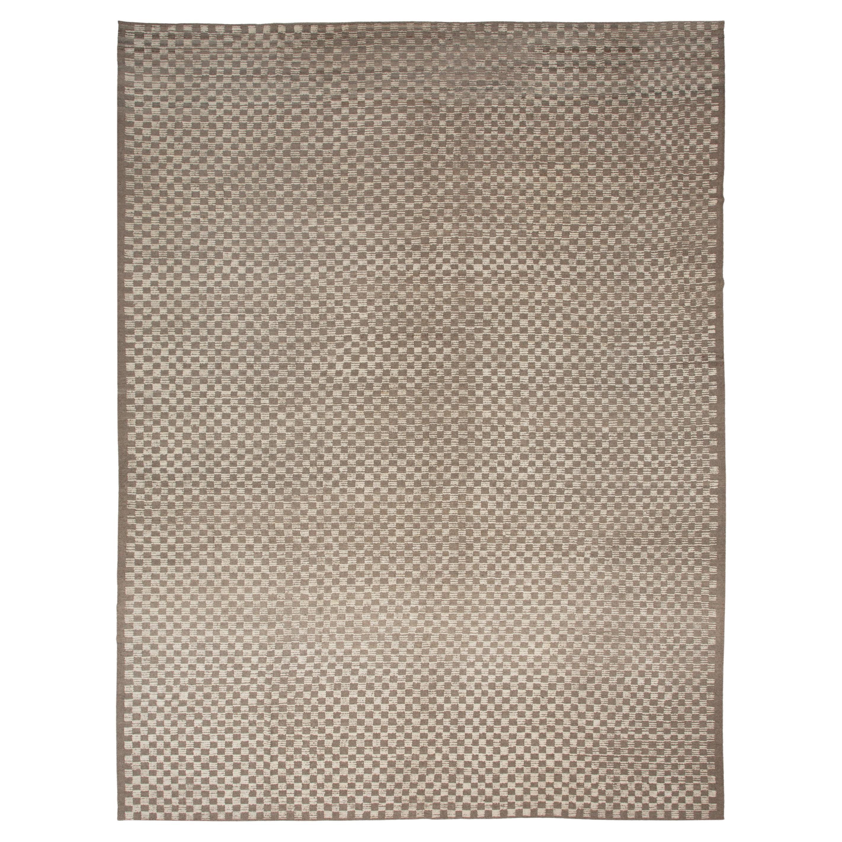 abc carpet Zameen Brown and White Grid Modern Wool Rug - 13'8" x 18'1" For Sale