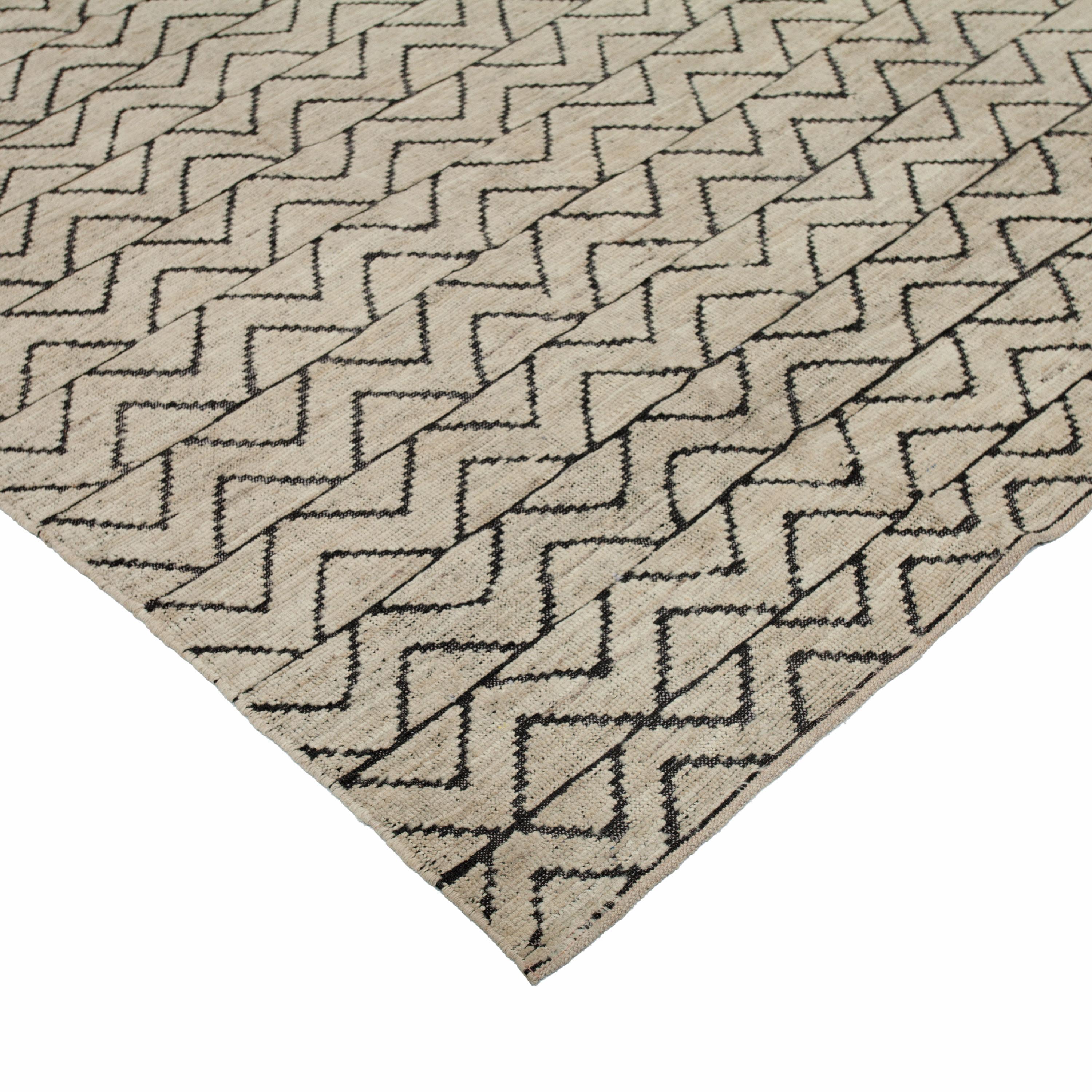 Mid-Century Modern abc carpet Zameen Cream and Black Geometric Wool Rug - 8'4
