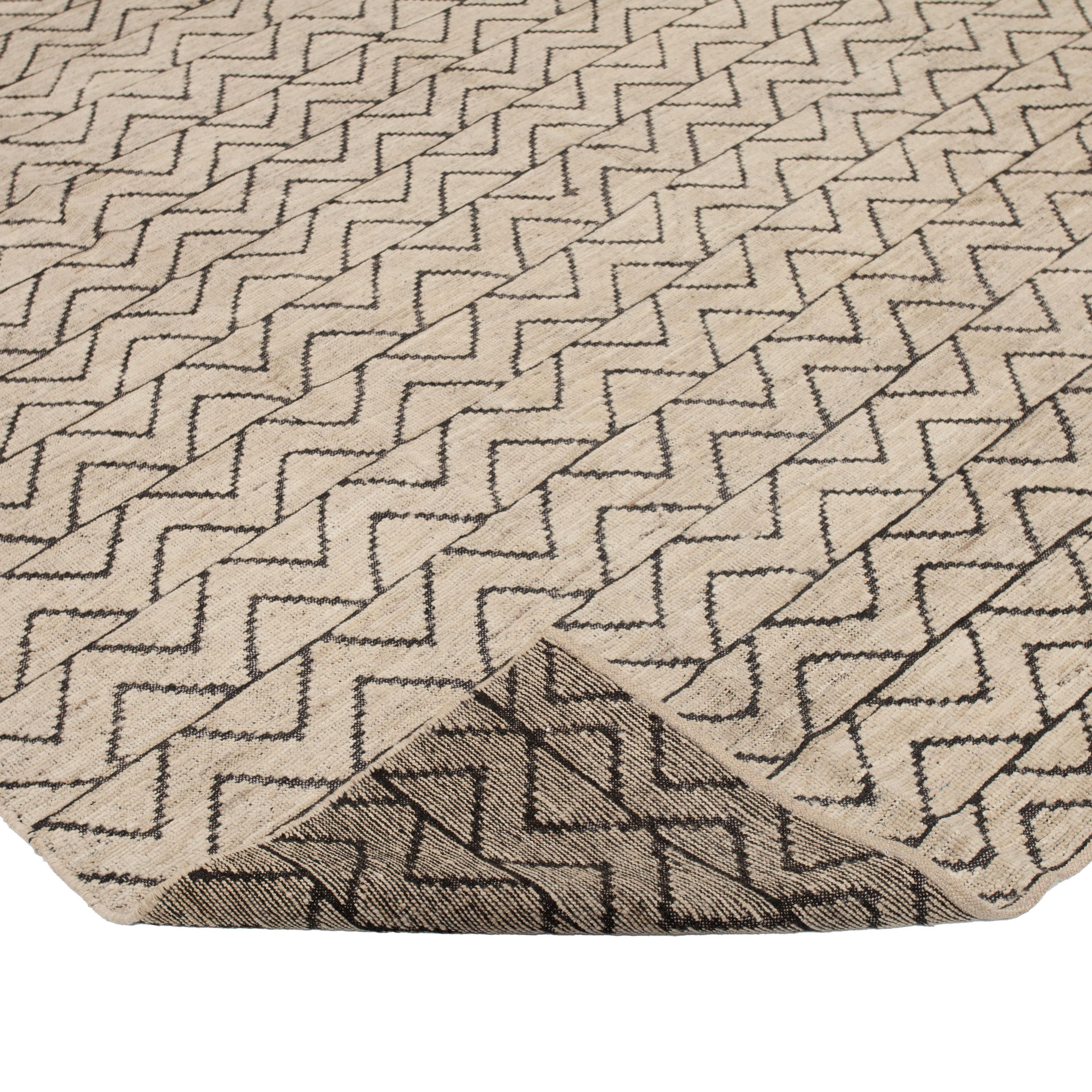 Afghan abc carpet Zameen Cream and Black Geometric Wool Rug - 8'4