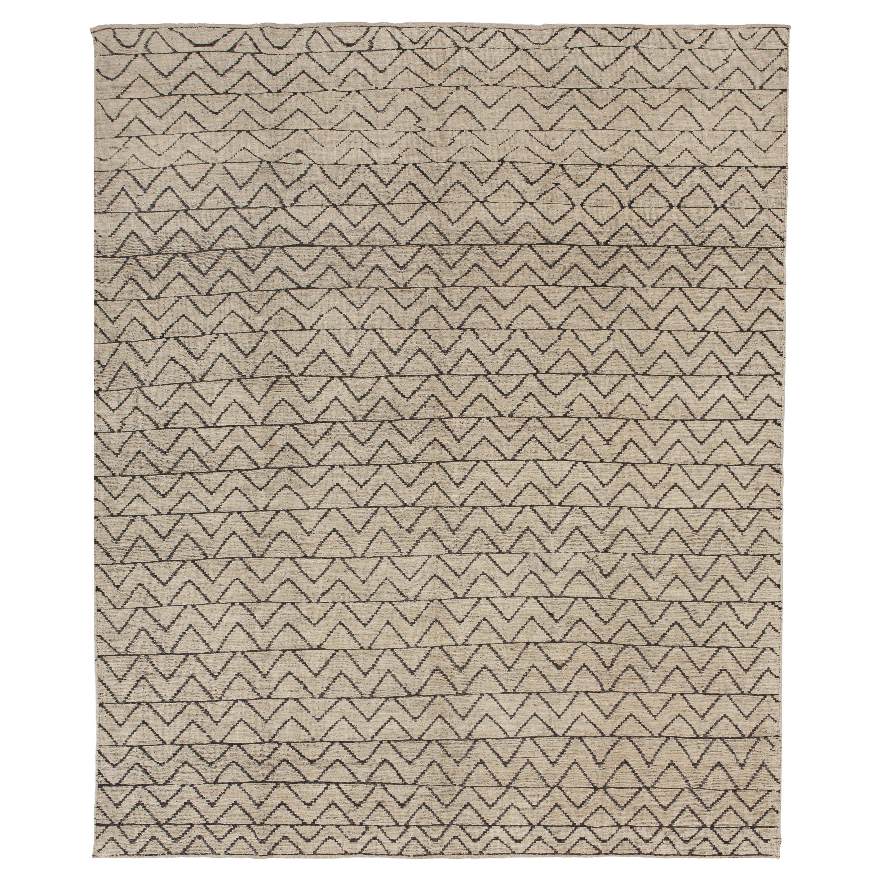 abc carpet Zameen Cream and Black Geometric Wool Rug - 8'4" x 9'8" For Sale