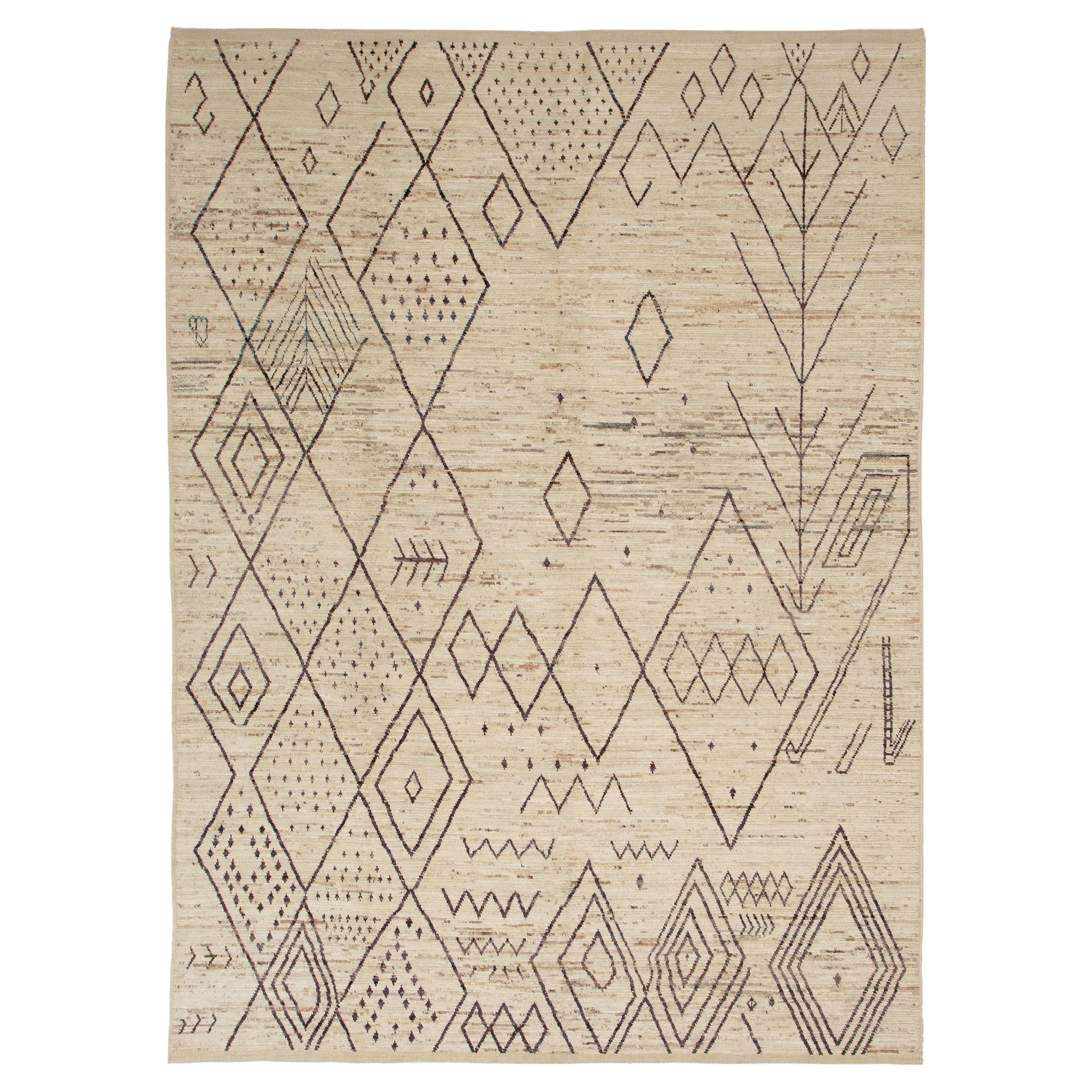 abc carpet Zameen Cream and Brown Geometric Wool Rug - 10'2" x 14'2" For Sale