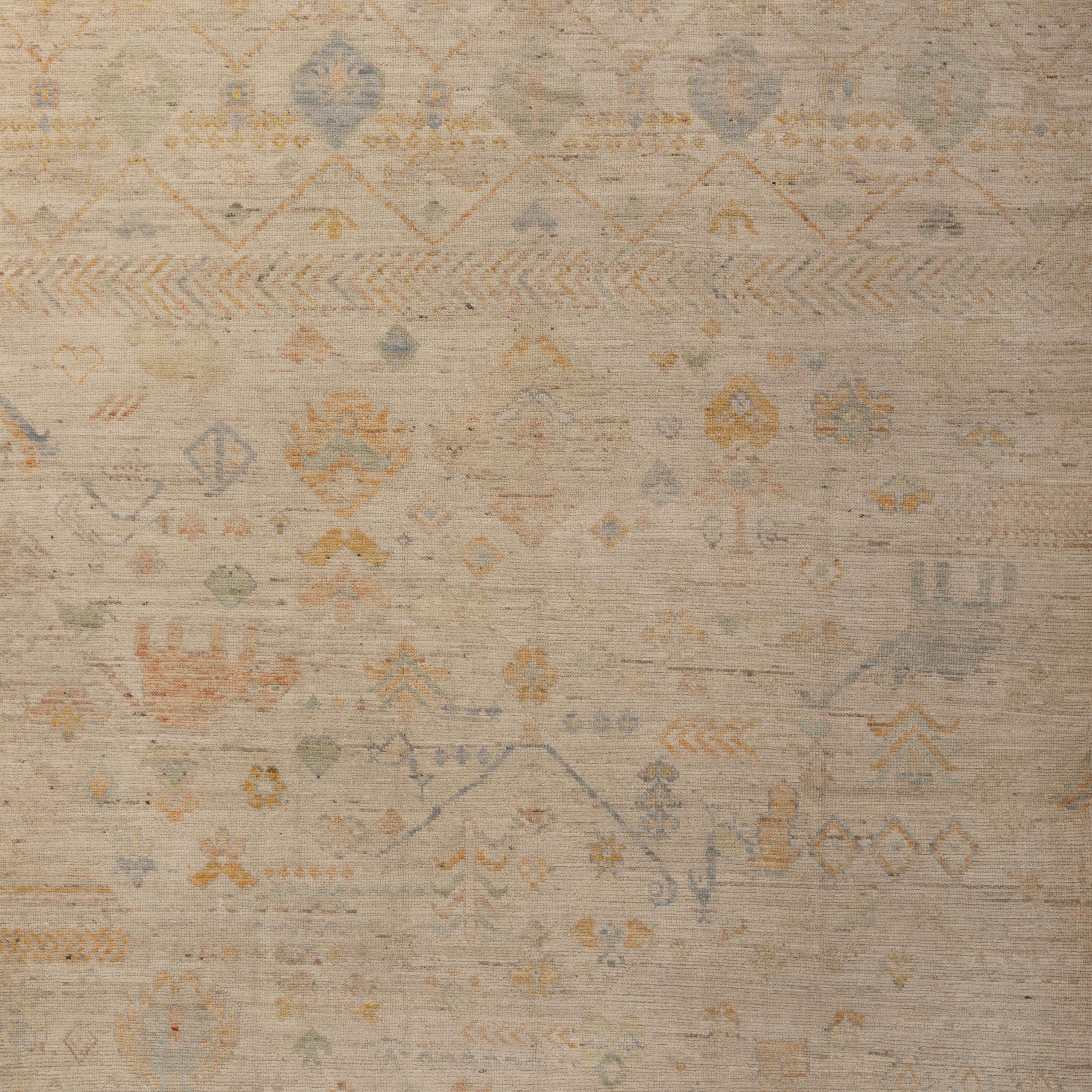 Inspiré par les fondements des couleurs naturelles et des matériaux purs de la Terre, ce tapis moderne en laine à motifs floraux multicolores Zameen - 6'11