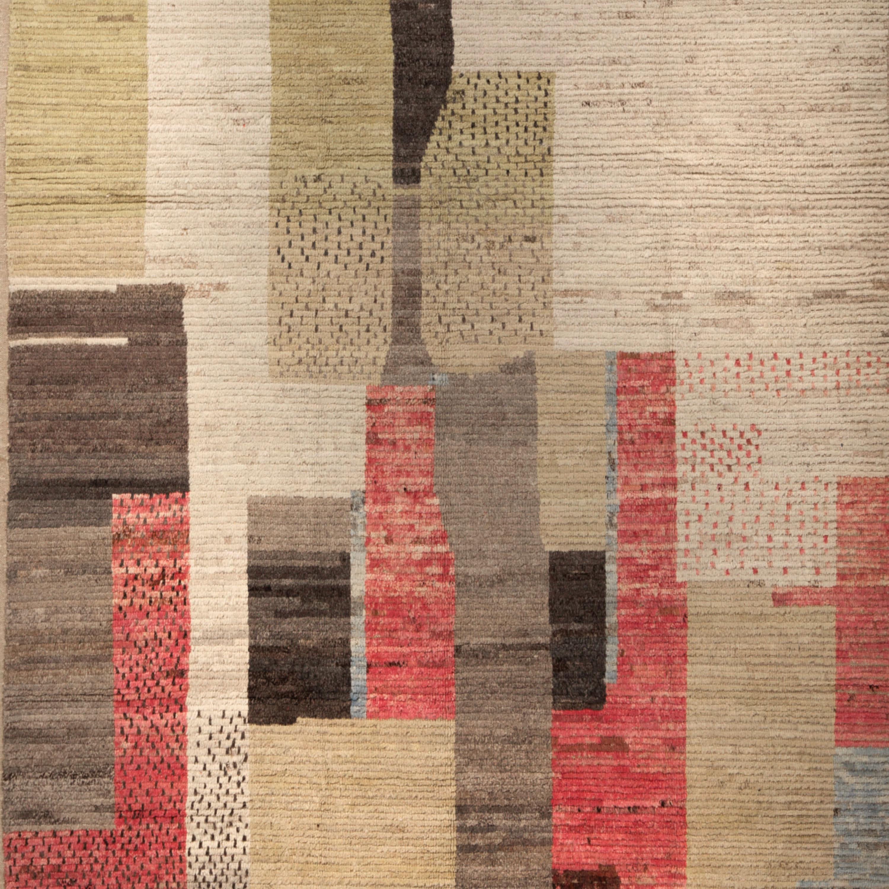 Inspired by the grounding foundations of Earth's natural colors and pure materials, this Zameen Multicolored Modern Wool Rug - 6' x 9' features an elevated geometric design in grey, beige, cream, red, and blue. This abstract geometric design is