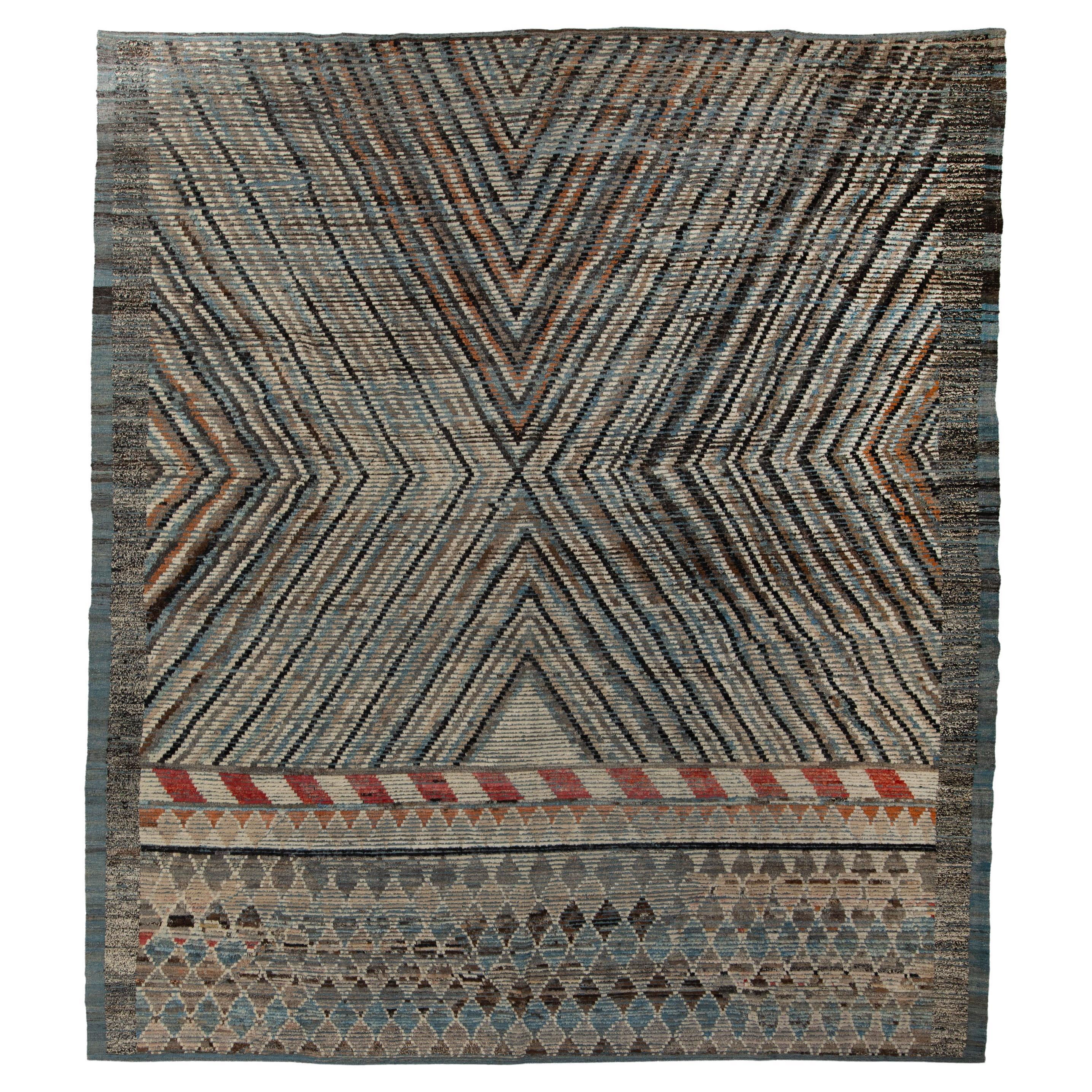 Tapis moderne en laine à motifs Zameen - 11'3" x 12'6" en vente
