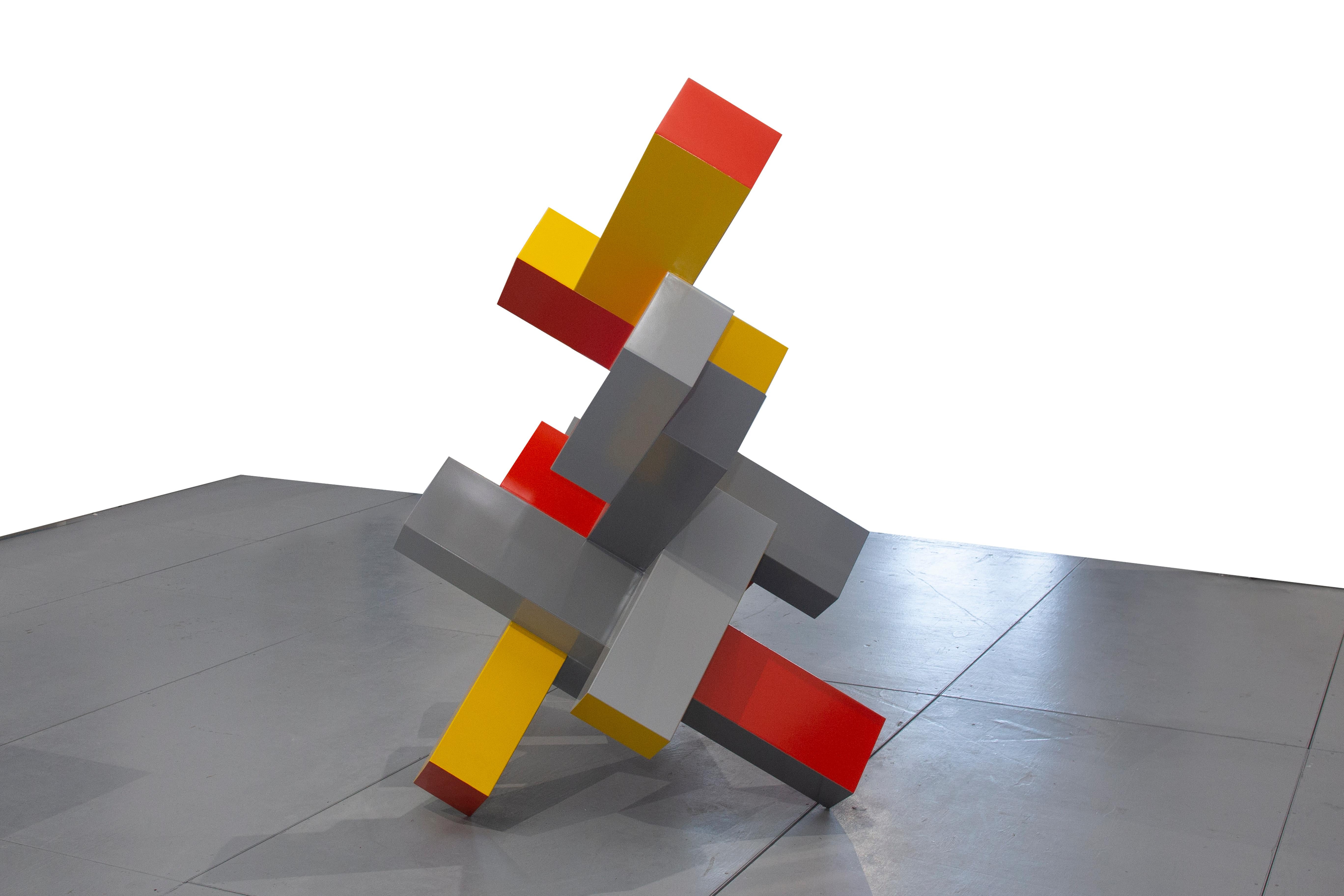 Rechteckige, abstrakte, geometrische Skulptur für den Außenbereich in Gelb, Orange und Grau, Symphony – Sculpture von Zammy Migdal