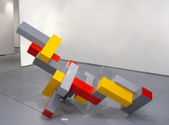 Rectangular Symphony- Abstract Geometric Outdoor Sculpture Yellow Orange Gray