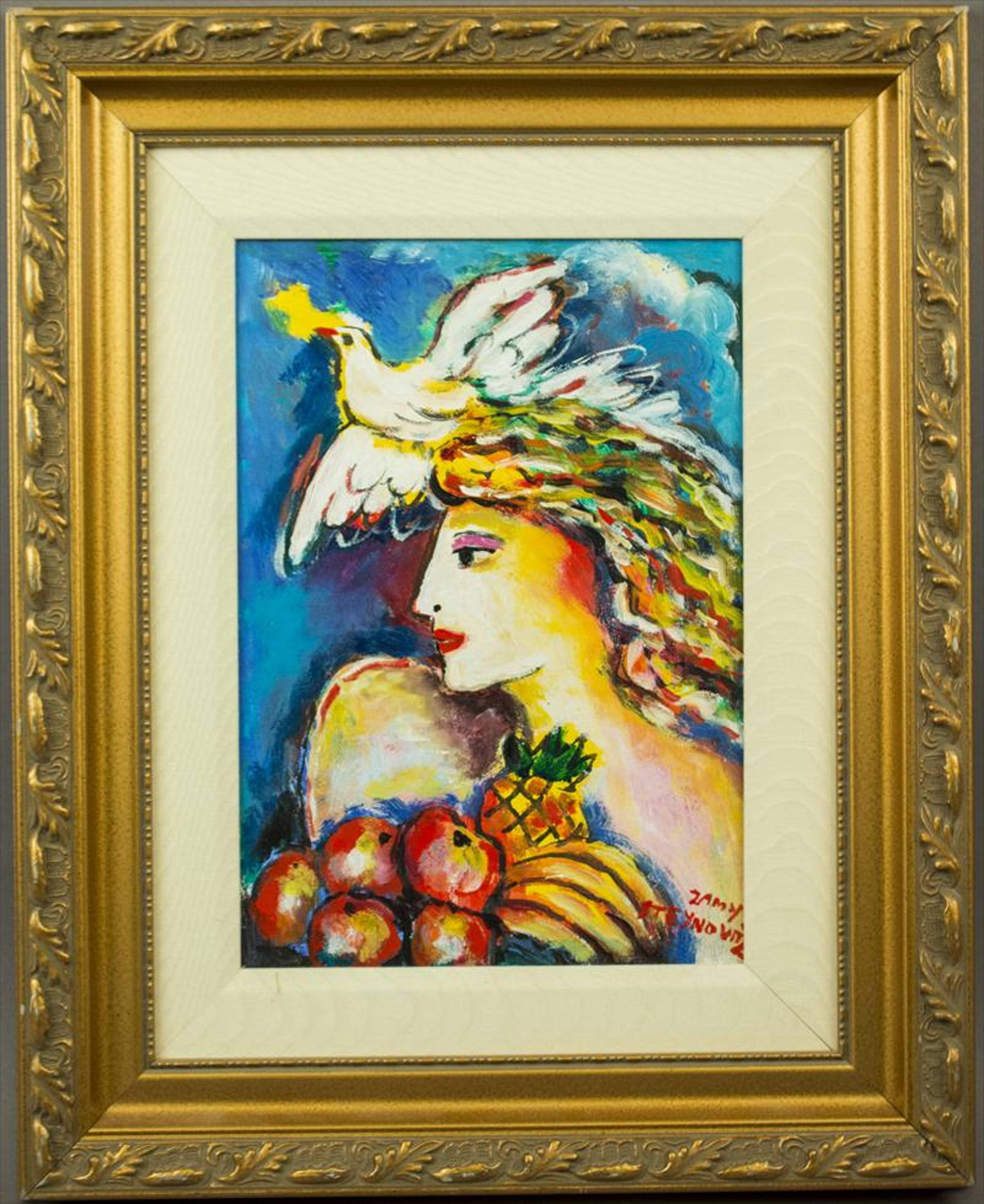 Dove of Peace, Bounty of Fruit Original Oil by Zamy Steynovitz - Painting by Zammy Steynovitz