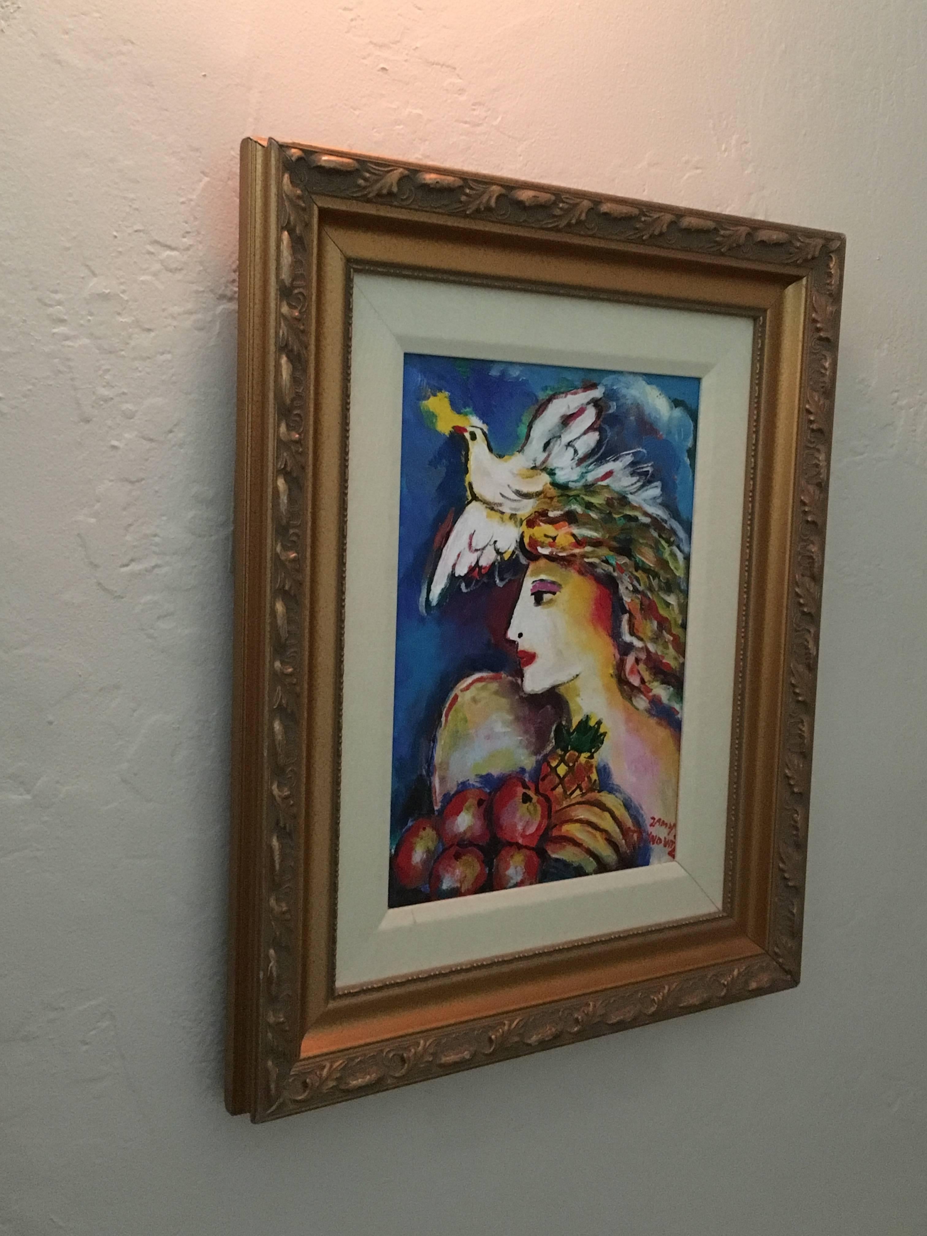 Dove of Peace, Bounty of Fruit Original Oil by Zamy Steynovitz - Beige Figurative Painting by Zammy Steynovitz