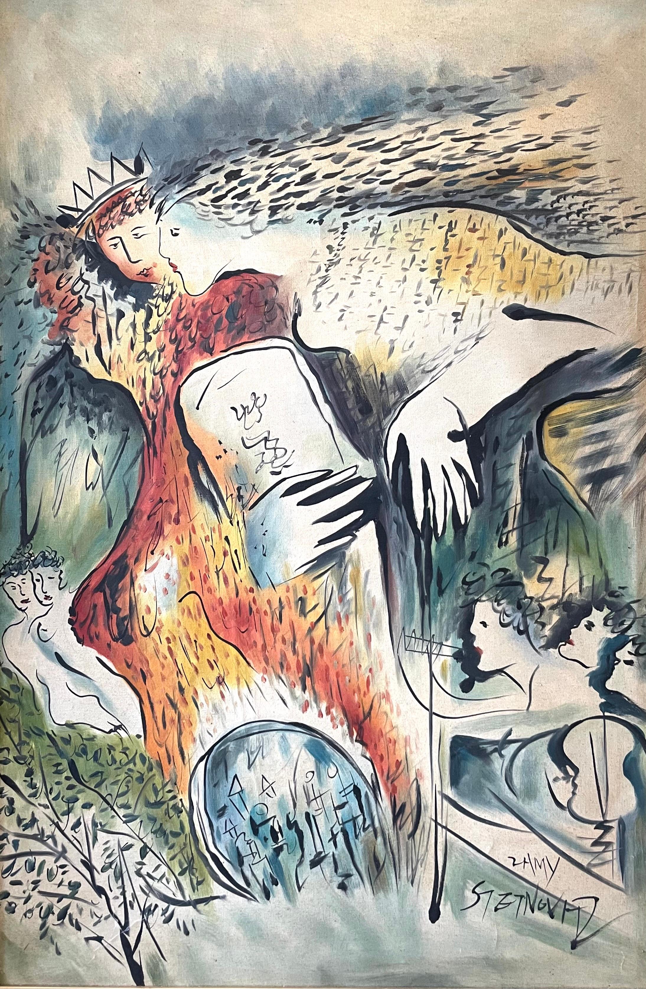 Peinture à l'huile israélienne d'art judaïque du roi David, Jérusalem (d'après Marc Chagall) - Painting de Zammy Steynovitz