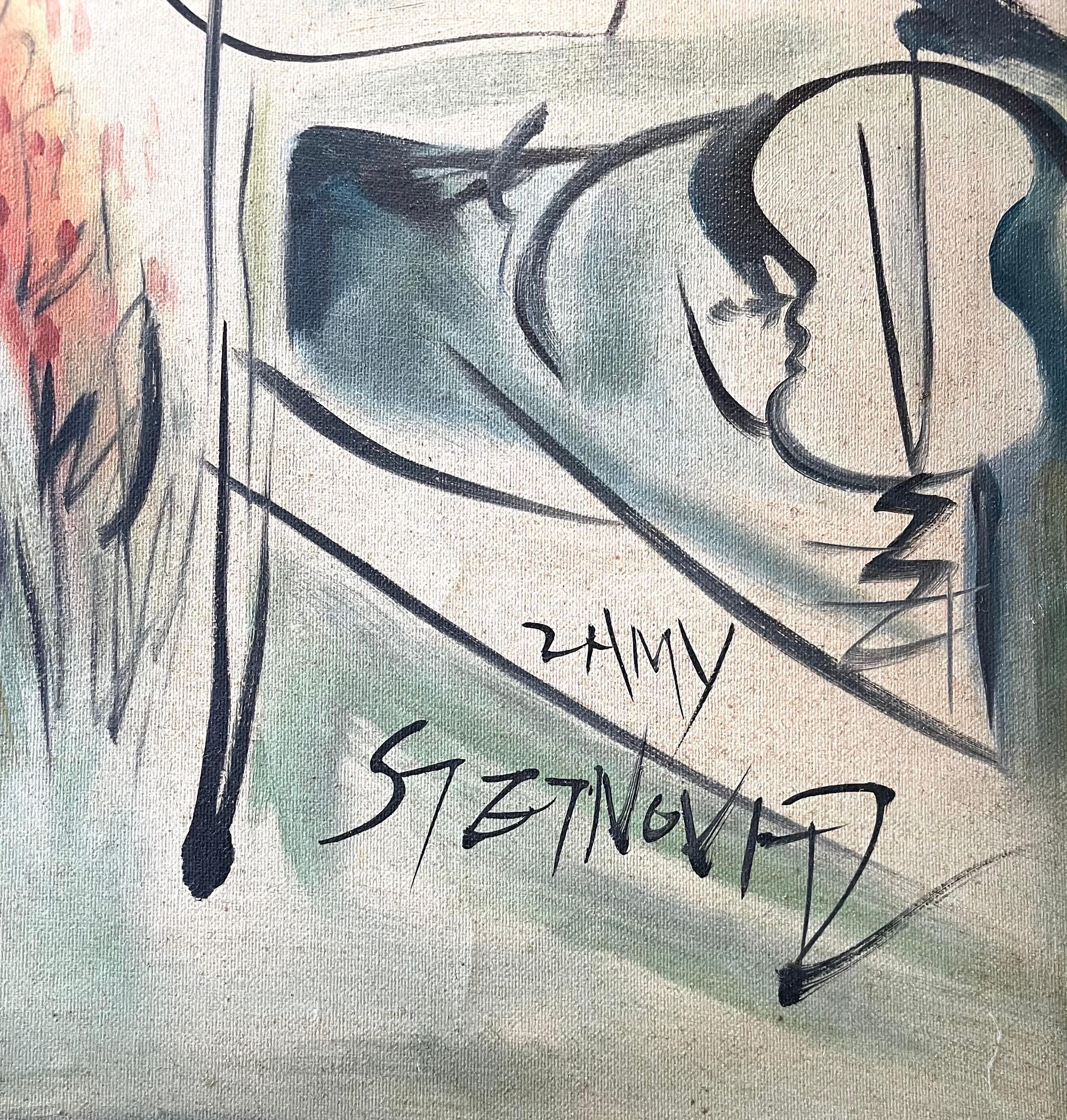 David David, Jérusalem (d'après Marc Chagall) Peinture à l'huile Art judaïque israélien - Beige Figurative Painting par Zammy Steynovitz
