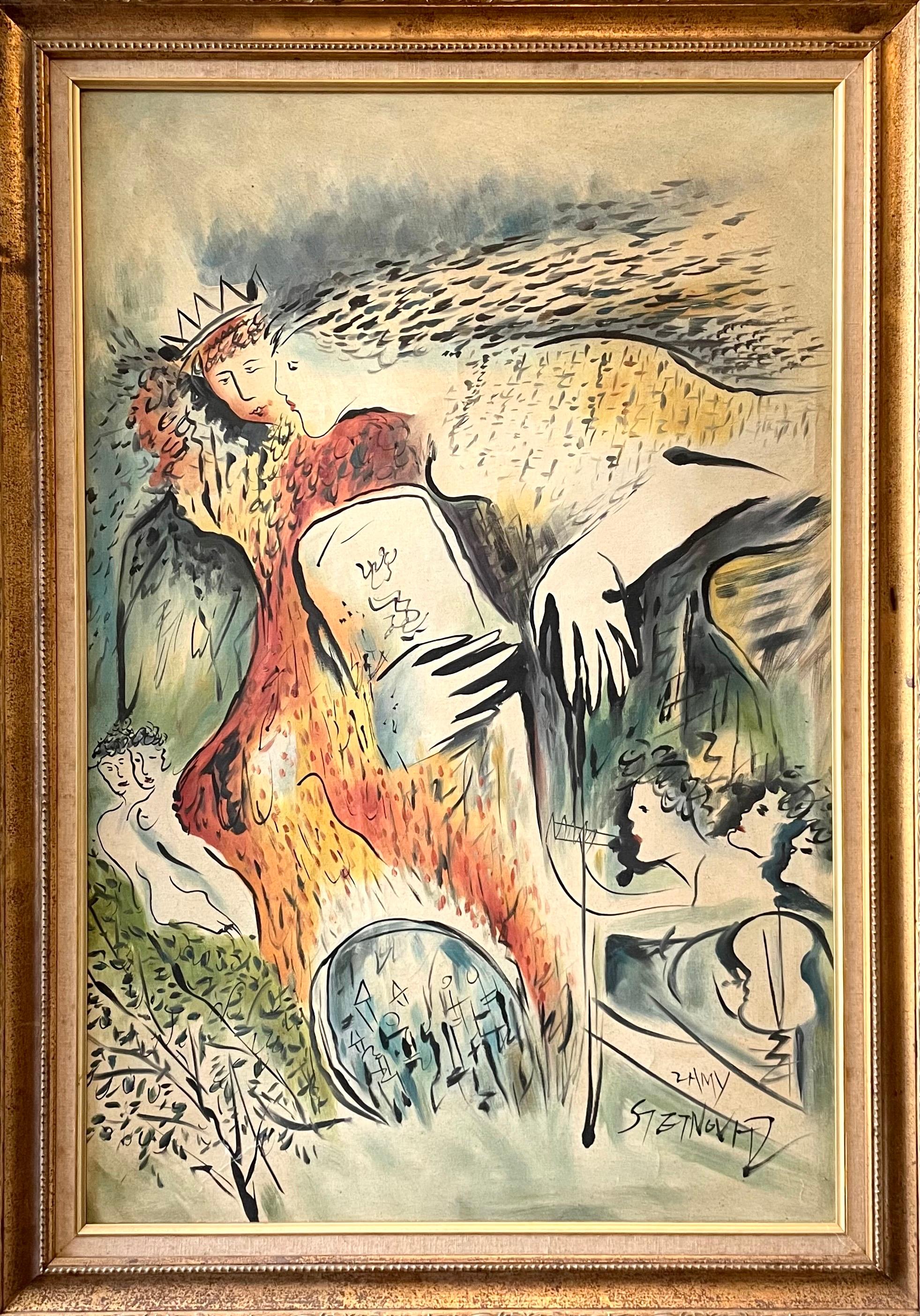 Landscape Painting de Zammy Steynovitz - Rey David, Jerusalén (según Marc Chagall) Pintura al óleo Arte judaico israelí