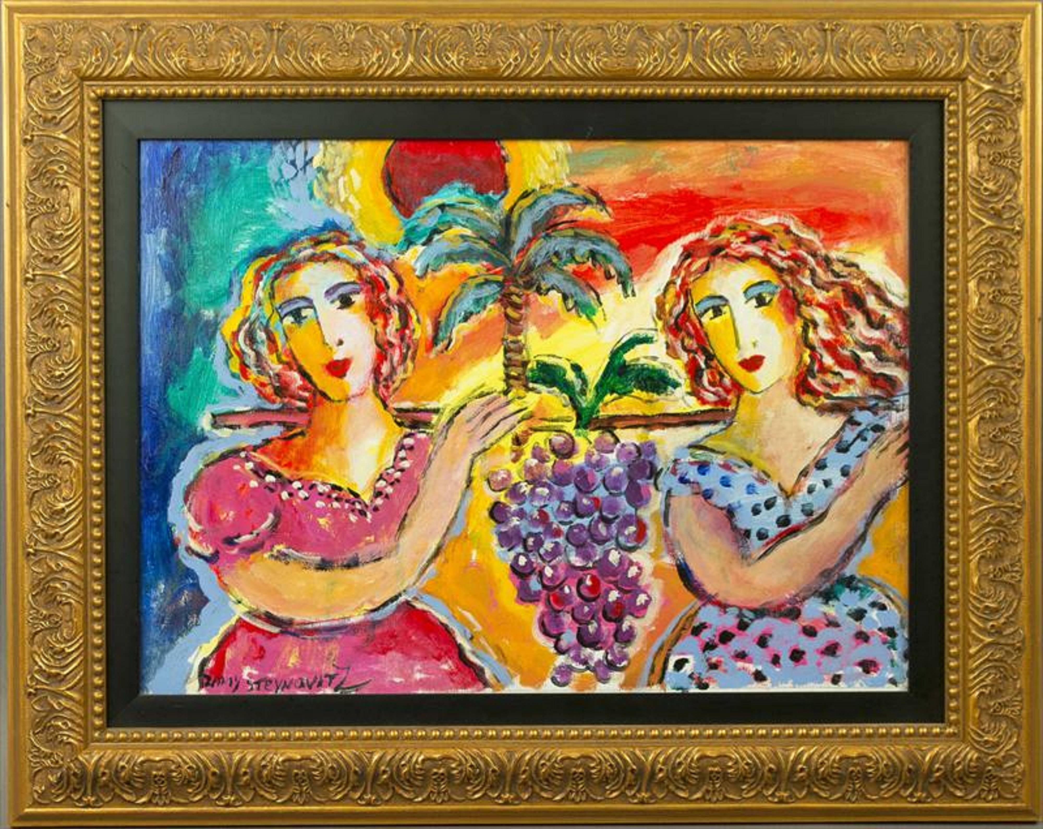 Zamy Steynovitz Beauties Carrying A Bunch of Grapes Original Oil - Painting by Zammy Steynovitz