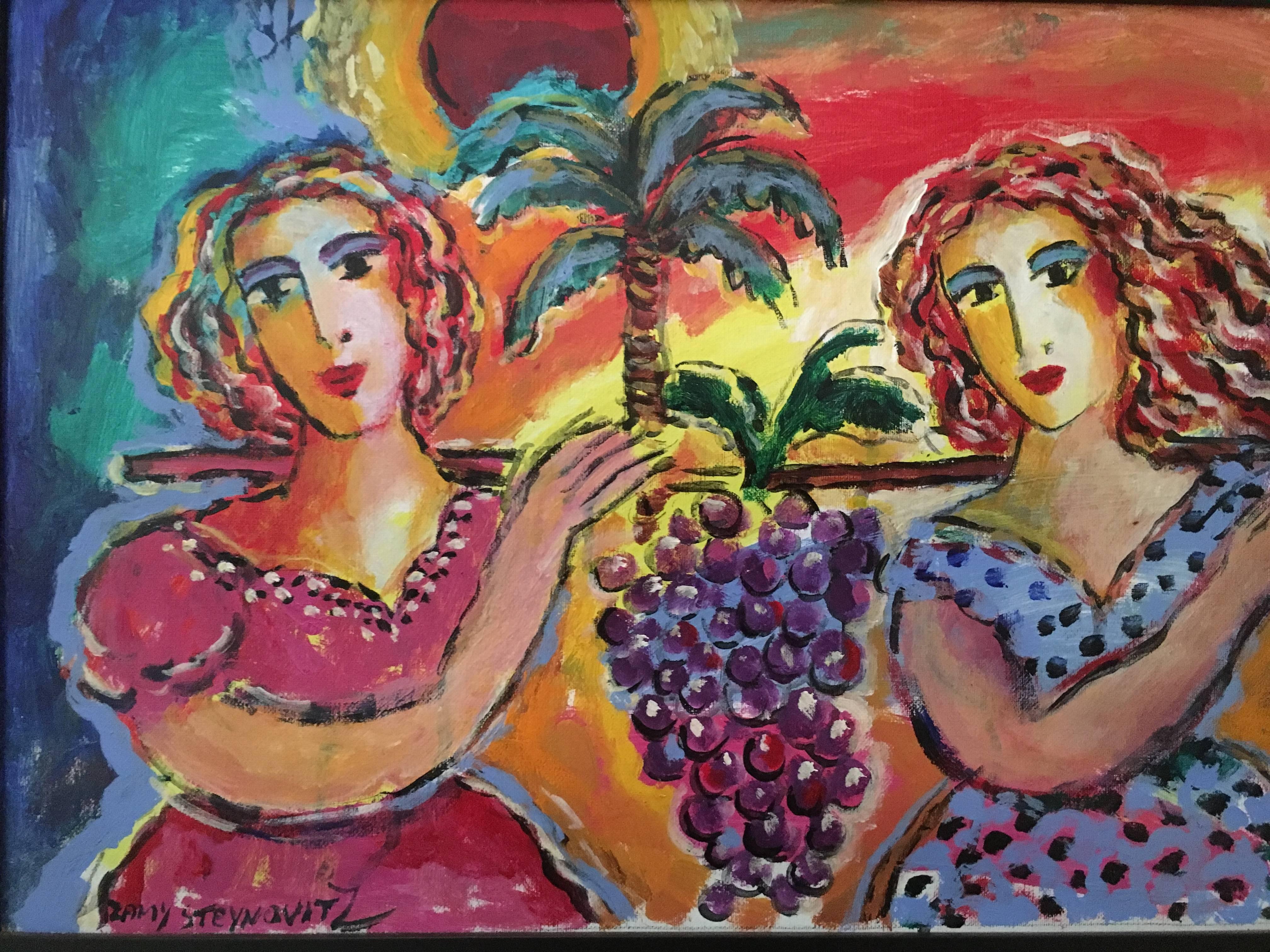 Zamy Steynovitz Beauties Carrying A Bunch of Grapes Original Oil - Contemporary Painting by Zammy Steynovitz