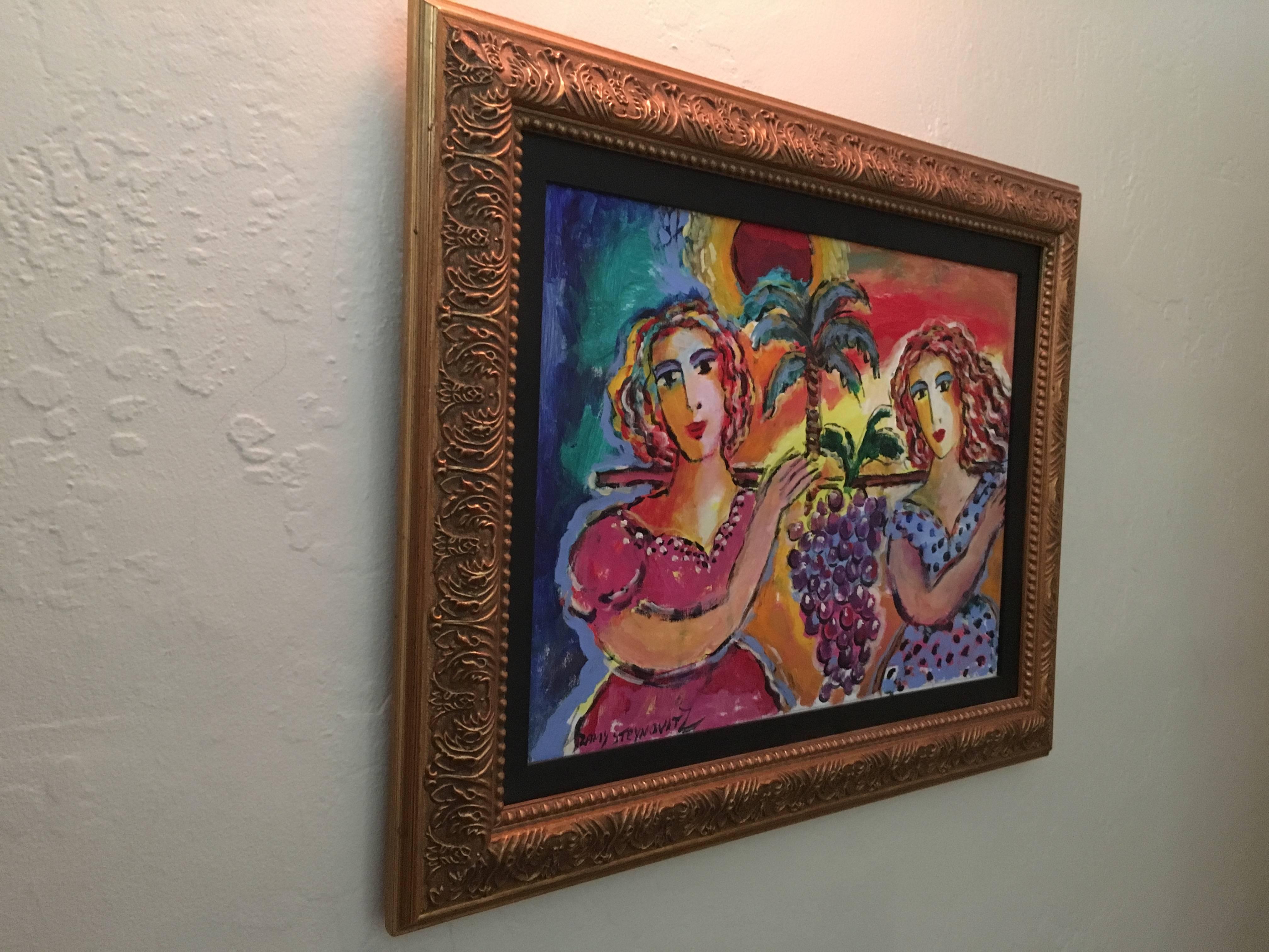 Zamy Steynovitz Beauties Carrying A Bunch of Grapes Original Oil (Braun), Figurative Painting, von Zammy Steynovitz