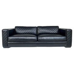 Zanaboni Italy Quilted Black Leather Sofa, Loose Quilted Back and Seat Cushion
