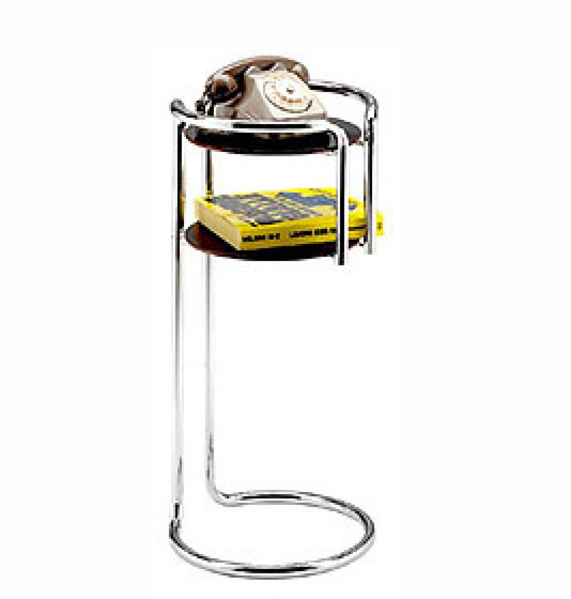 Objects stand. Chromium-plated, tubular steel frame. Shelves in reversible white/black layered plastic laminate.

