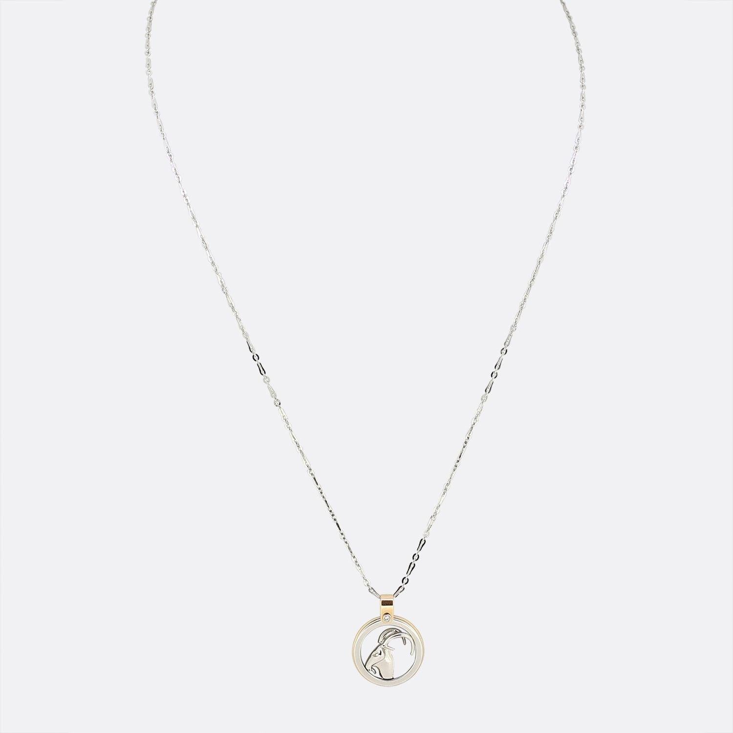 This is an 18ct white gold necklace from the Italian designer Zancan. The necklace features an 18ct white and rose gold pendant crafted to form a Capricorn goat's head in the centre. The pendant also plays host to a small single round brilliant cut