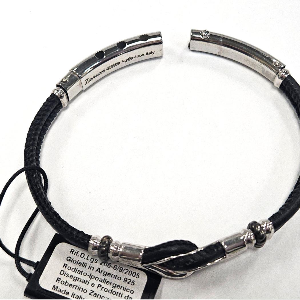Bracelet en argent sterling et cuir noir à nœuds nautiques Zancan 