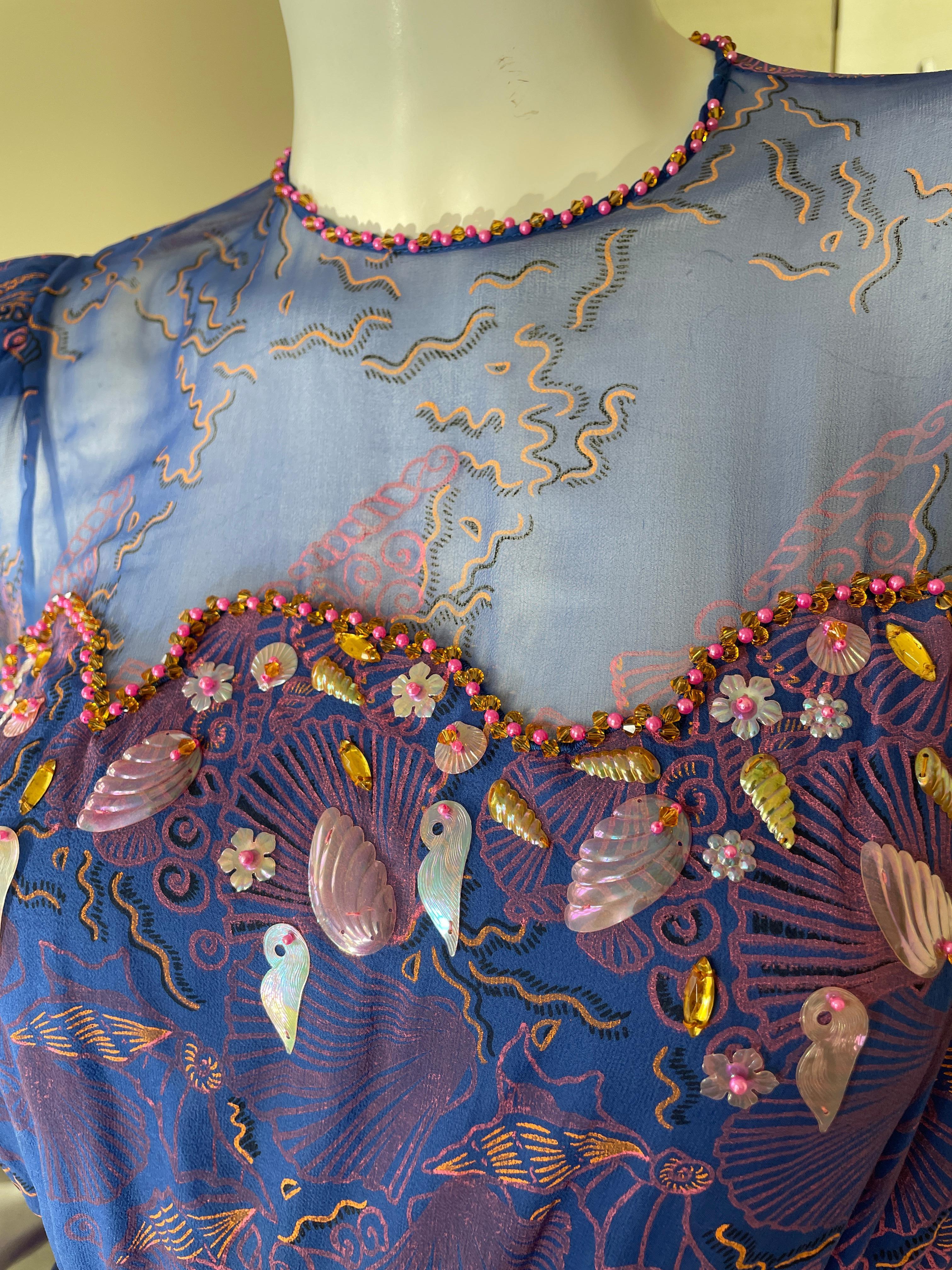 Zandra Rhodes 1970's Seashell Pattern Silk Chiffon Dress w Pearl & Crystal Trim For Sale 5