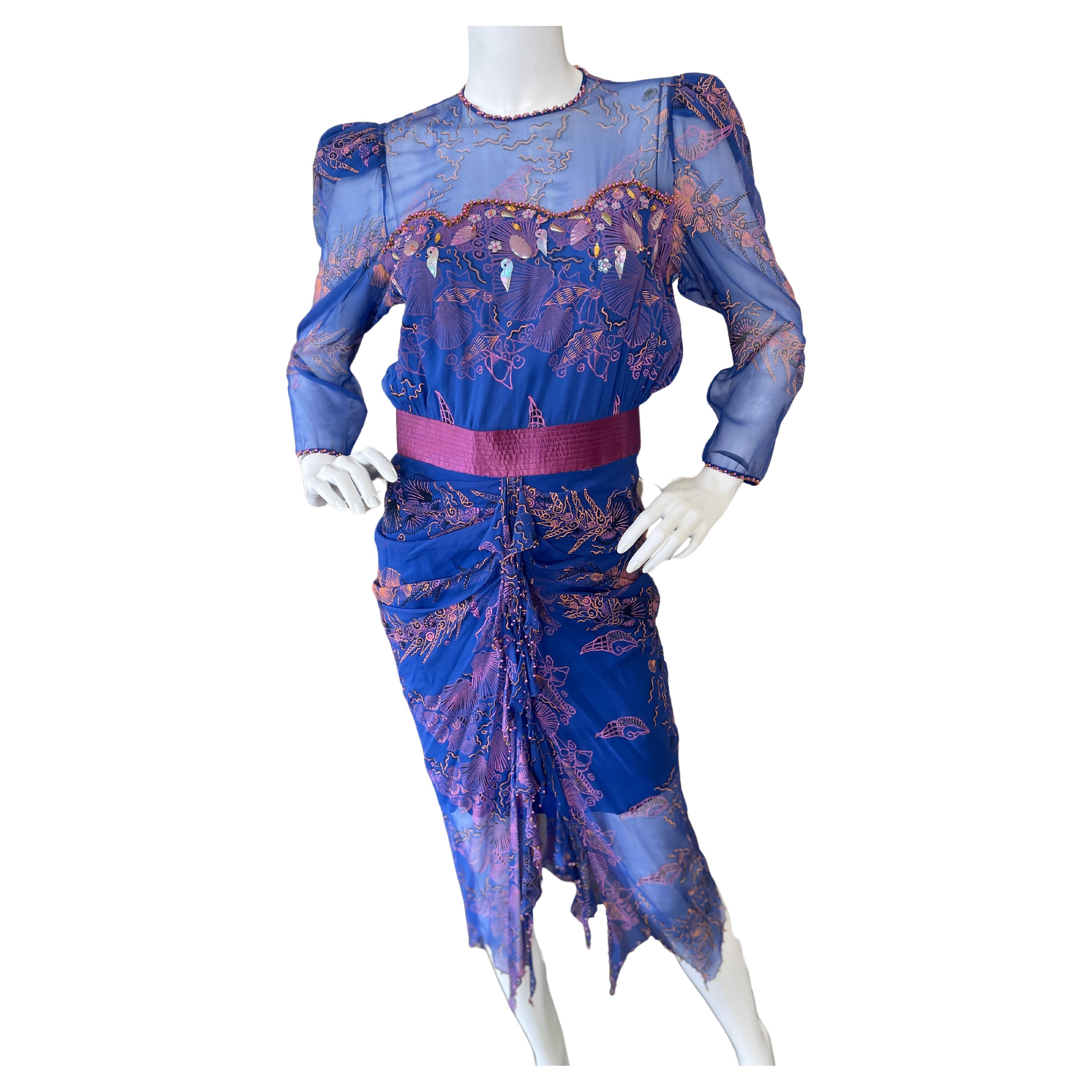 Zandra Rhodes 1970's Seashell Pattern Silk Chiffon Dress w Pearl & Crystal Trim For Sale