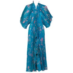 Zandra Rhodes Blue Pink Pleated Shell Print Caftan Dress 1970S
