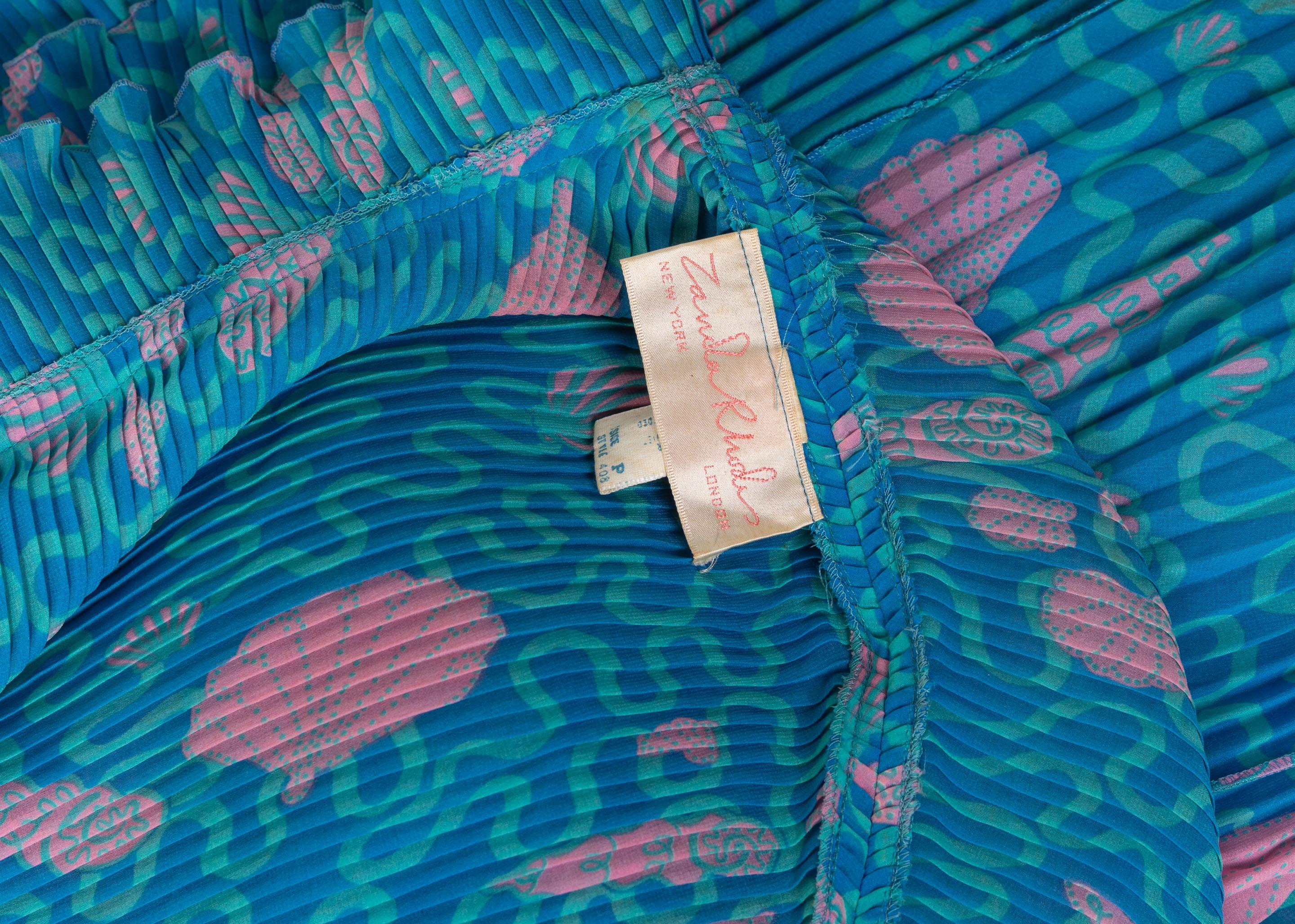 Women's Zandra Rhodes Blue Pink Pleated Shell Print Caftan Dress 1970S