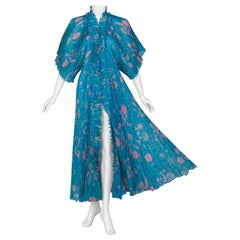 Zandra Rhodes Blue Pink Pleated Shell Print Caftan Dress 1970S