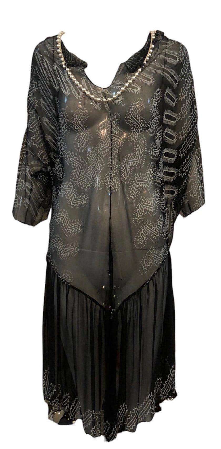 Robe en mousseline de Zandra Rhodes garnie de perles et de strass, années 1980 en vente