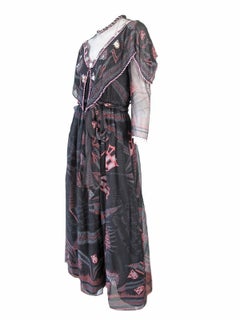 Zandra Rhodes chiffon silk screened gown with sequins, 1970s