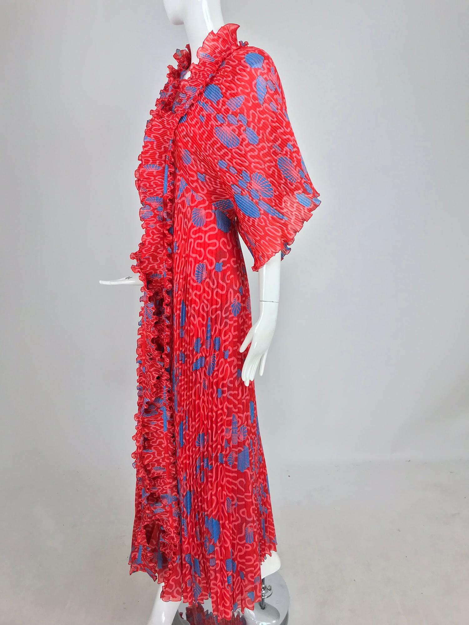 Red Zandra Rhodes Coquille Print Pleated Caftan and Maxi Dress Set 1970s