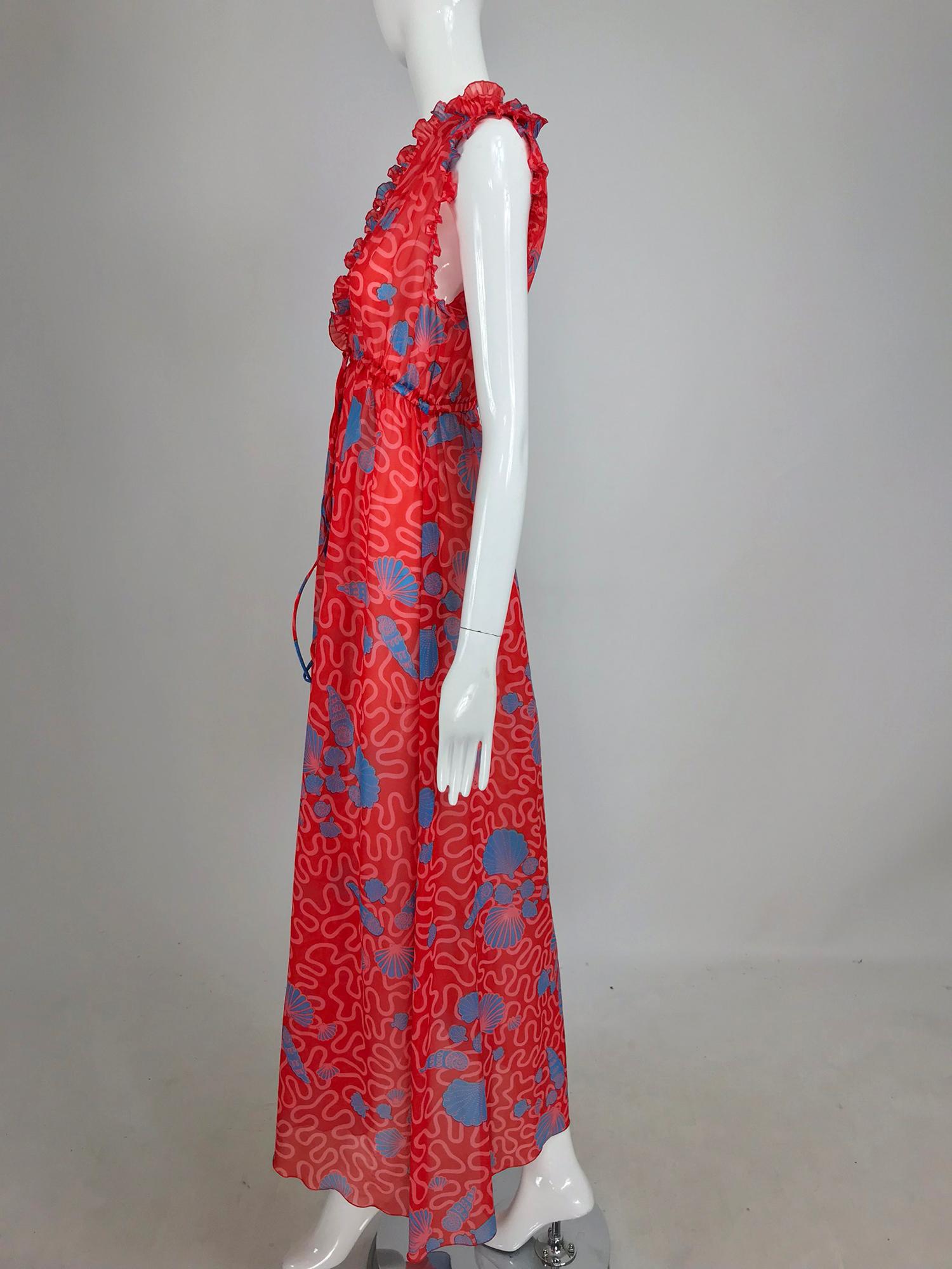 Zandra Rhodes Coquille Print Pleated Caftan and Maxi Dress Set 1970s In Good Condition In West Palm Beach, FL