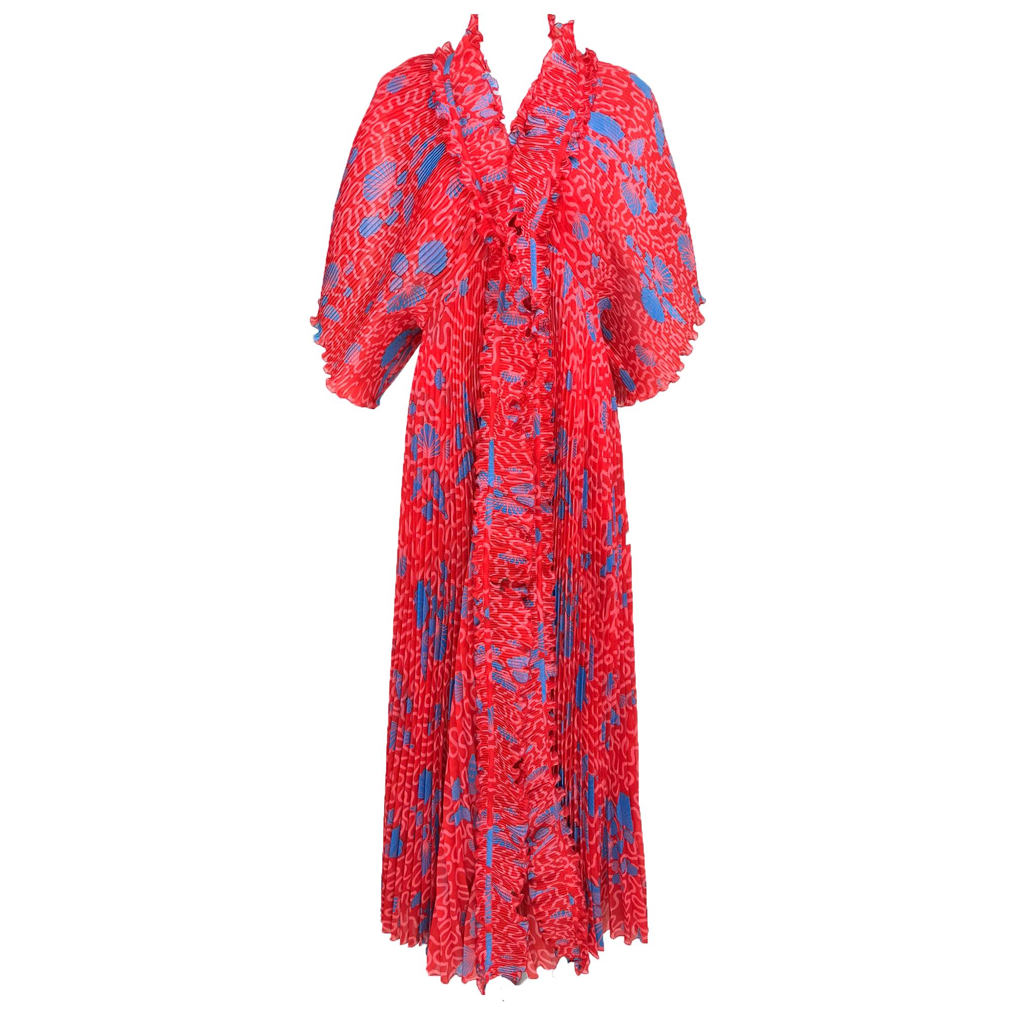 Zandra Rhodes Coquille Print Pleated Caftan and Maxi Dress Set 1970s