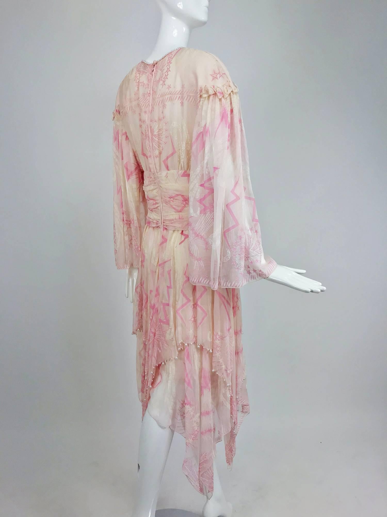 White Zandra Rhodes cream and pink silk star asymmetrical hem dress dated 1989