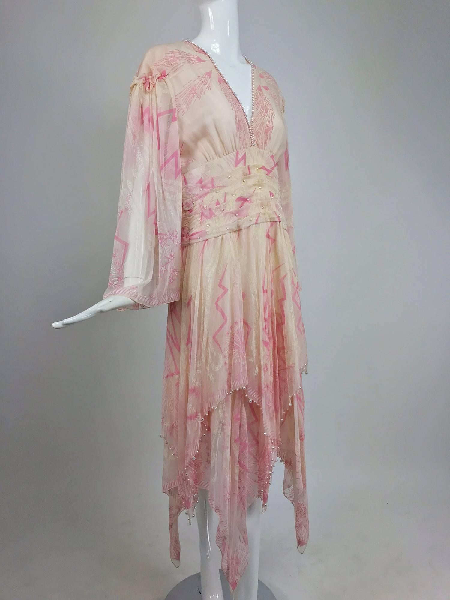 Women's Zandra Rhodes cream and pink silk star asymmetrical hem dress dated 1989