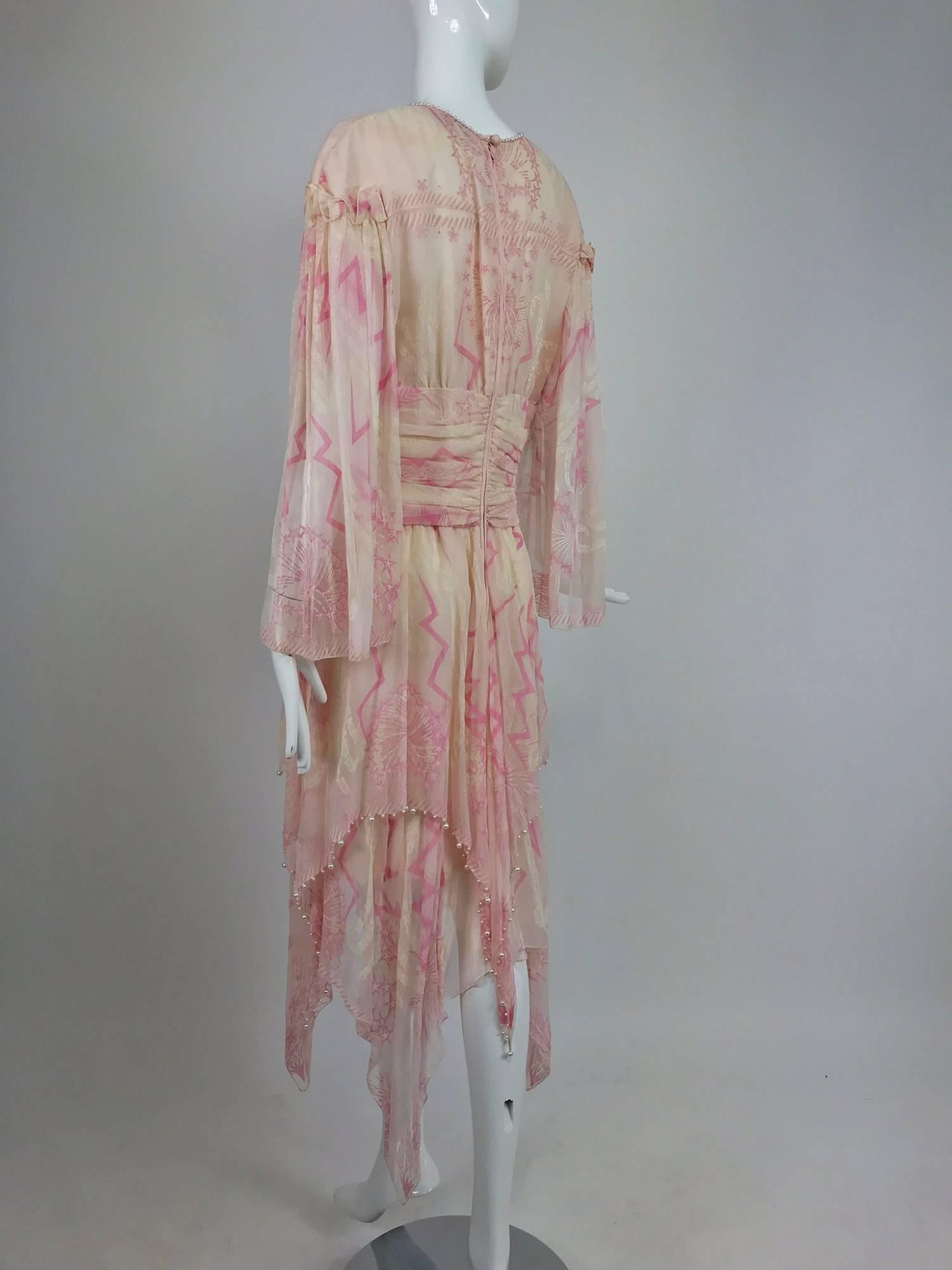 Zandra Rhodes cream and pink silk star asymmetrical hem dress dated 1989 1