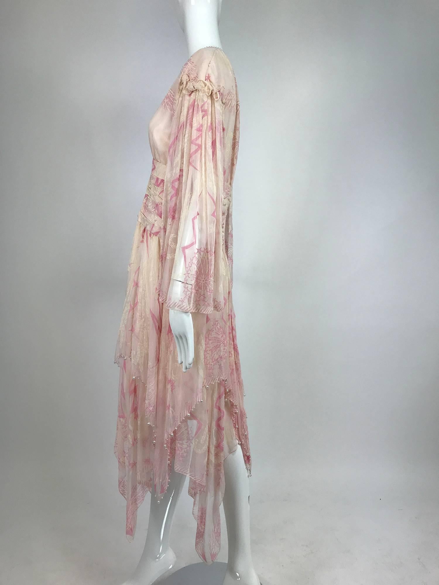 Zandra Rhodes cream and pink silk star asymmetrical hem dress dated 1989 2