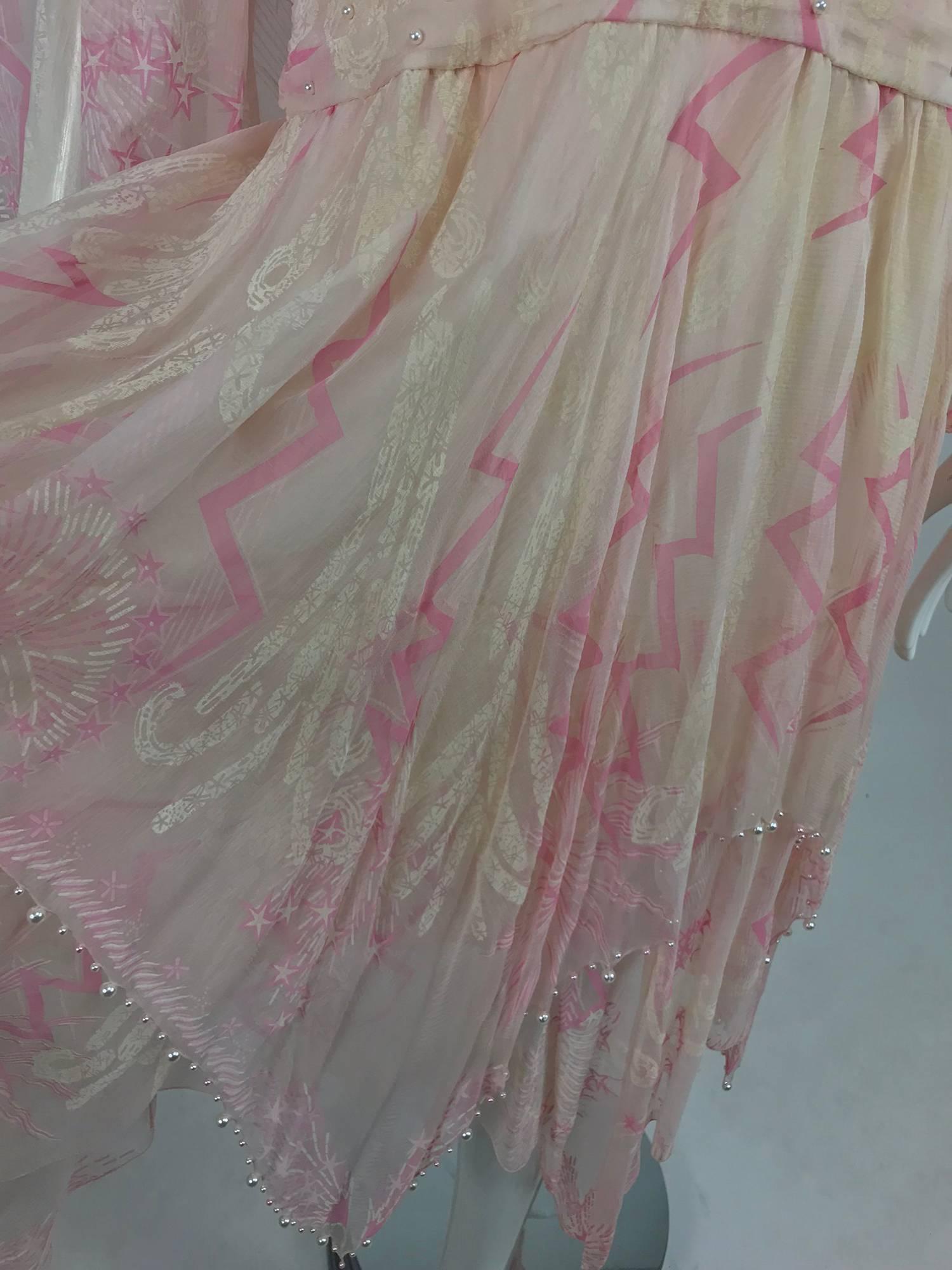 Zandra Rhodes cream and pink silk star asymmetrical hem dress dated 1989 3