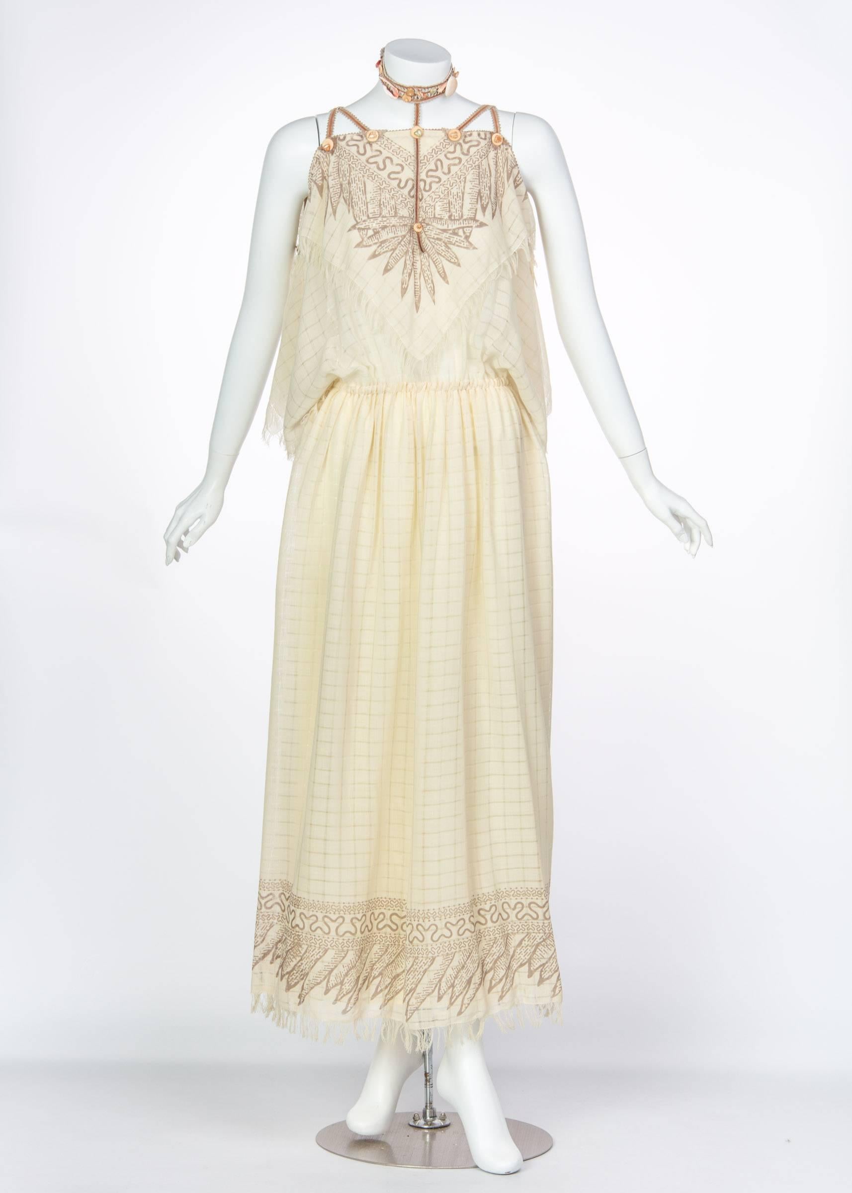 Zandra Rhodes Ivory Silk Linen Shell Embellished Suede Necklace Dress, 1980s  5