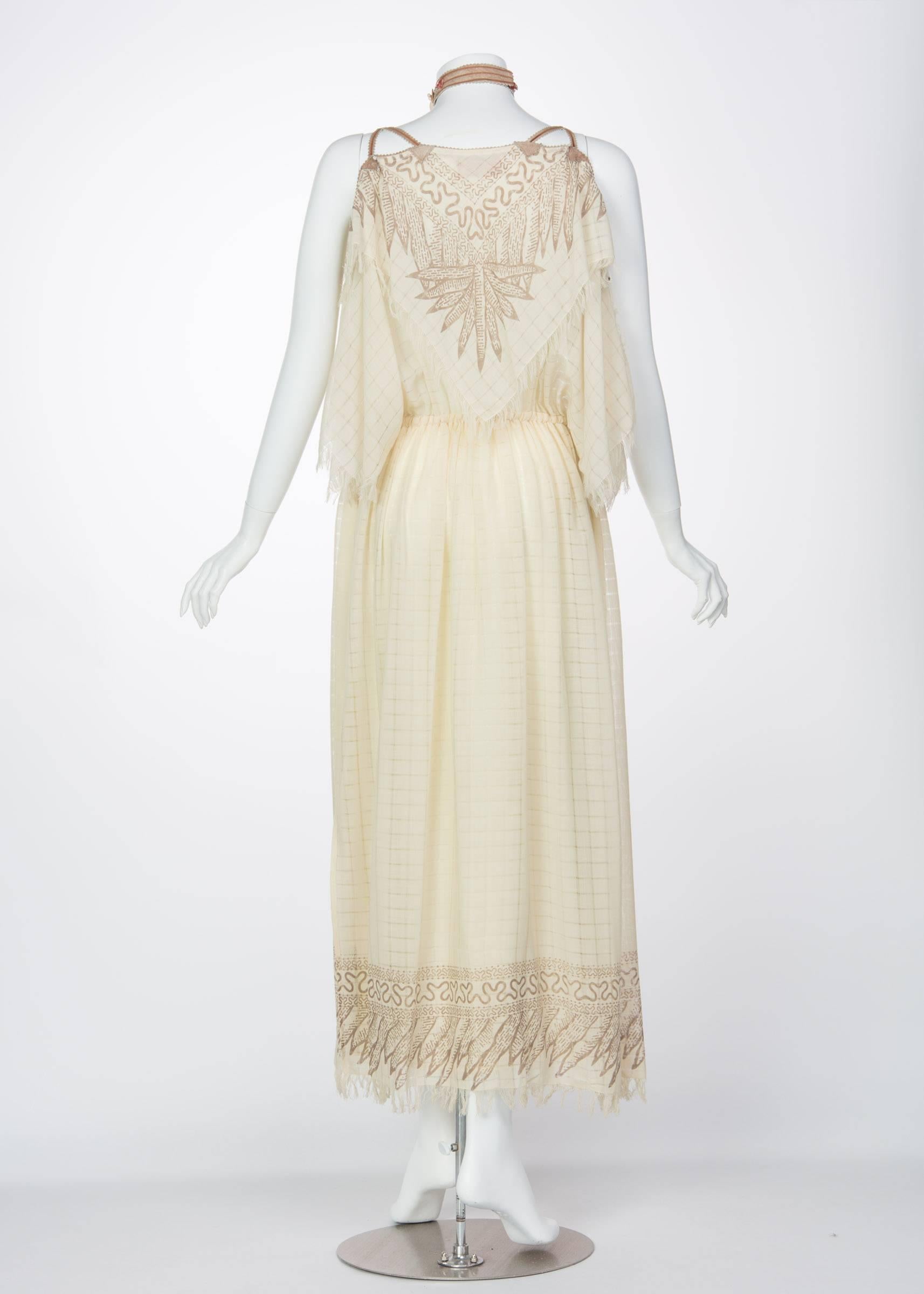 Zandra Rhodes Ivory Silk Linen Shell Embellished Suede Necklace Dress, 1980s  In Excellent Condition In Boca Raton, FL